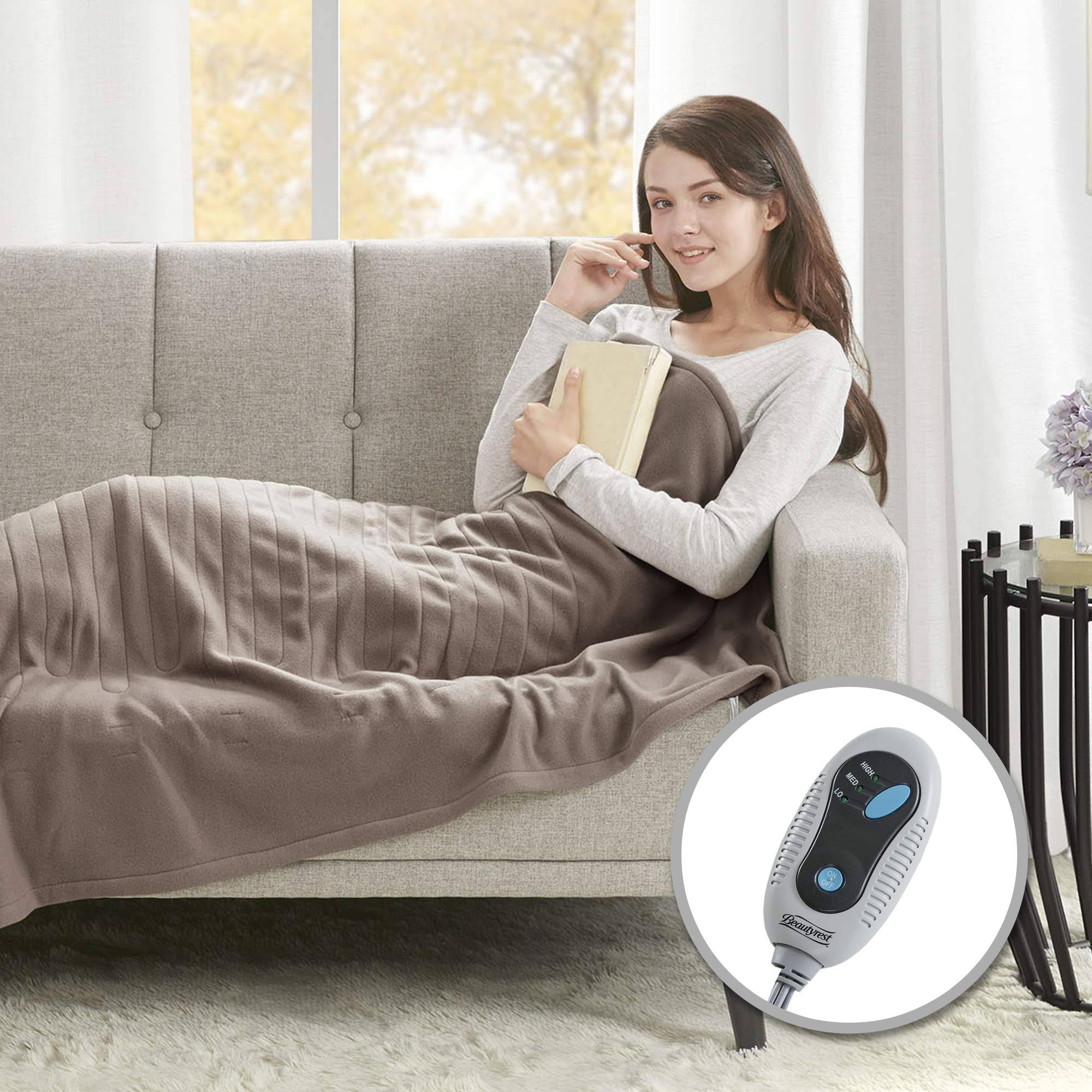 83652438d7c62d10635f8d120168ad432e956d1f57a07798c38a4f8501ead4a8.jpg Beautyrest Fleece Electric Blanket Heated Throw Wrap Super Soft Hypoallergenic with Auto Shutoff-3-Setting Controller, 50 x 60 in, Brown - Image 1