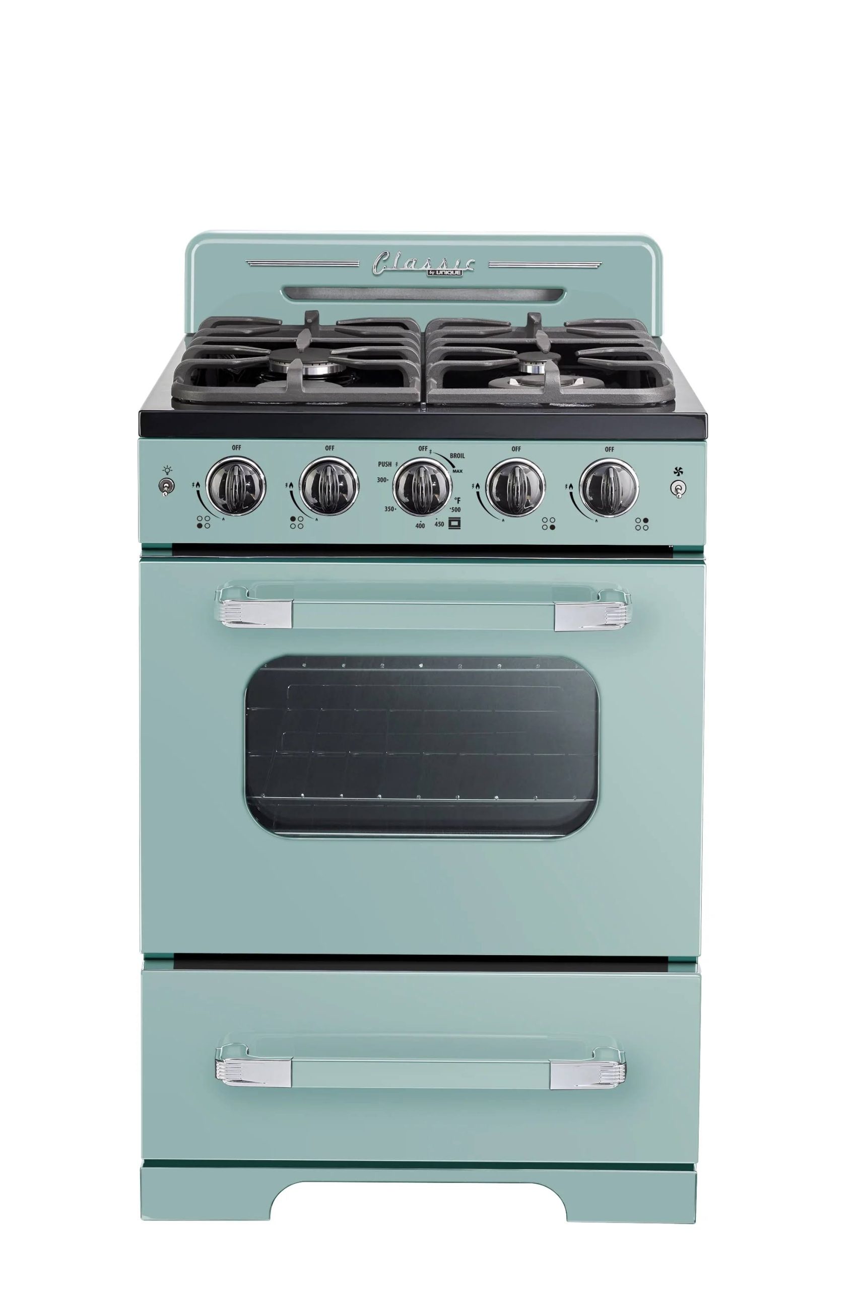 83a7451e04bfe7a9e33ce0c7e52114cb2bab221c785766f7652d171163f3afbb.jpg Unique Appliances Classic Retro 24 inch Freestanding Gas Range with 4 Sealed Burners, 2.9 Cu. ft. Marshmallow White - Image 1