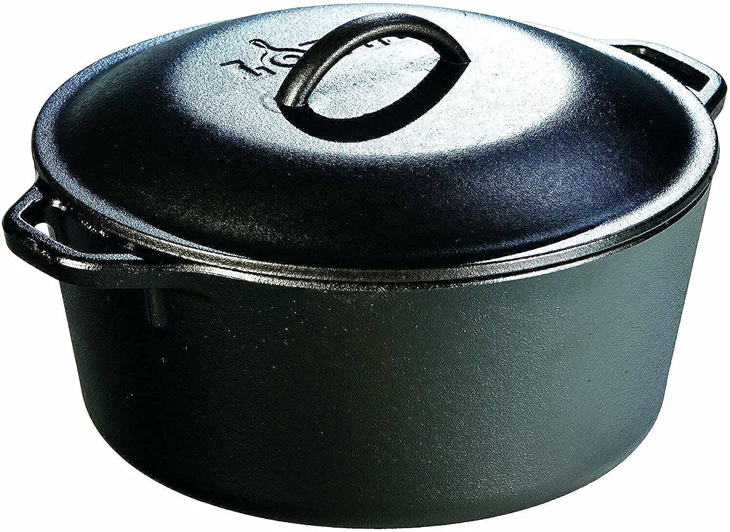 83c05d965b424cbd515c5b903c7a2df1c047196d63f7f827c3183b56aac1dc2c.jpg Lodge L8DOLKPLT Cast Iron Dutch Oven with Dual Handles, Pre-Seasoned, 5-Quart,Black - Image 1