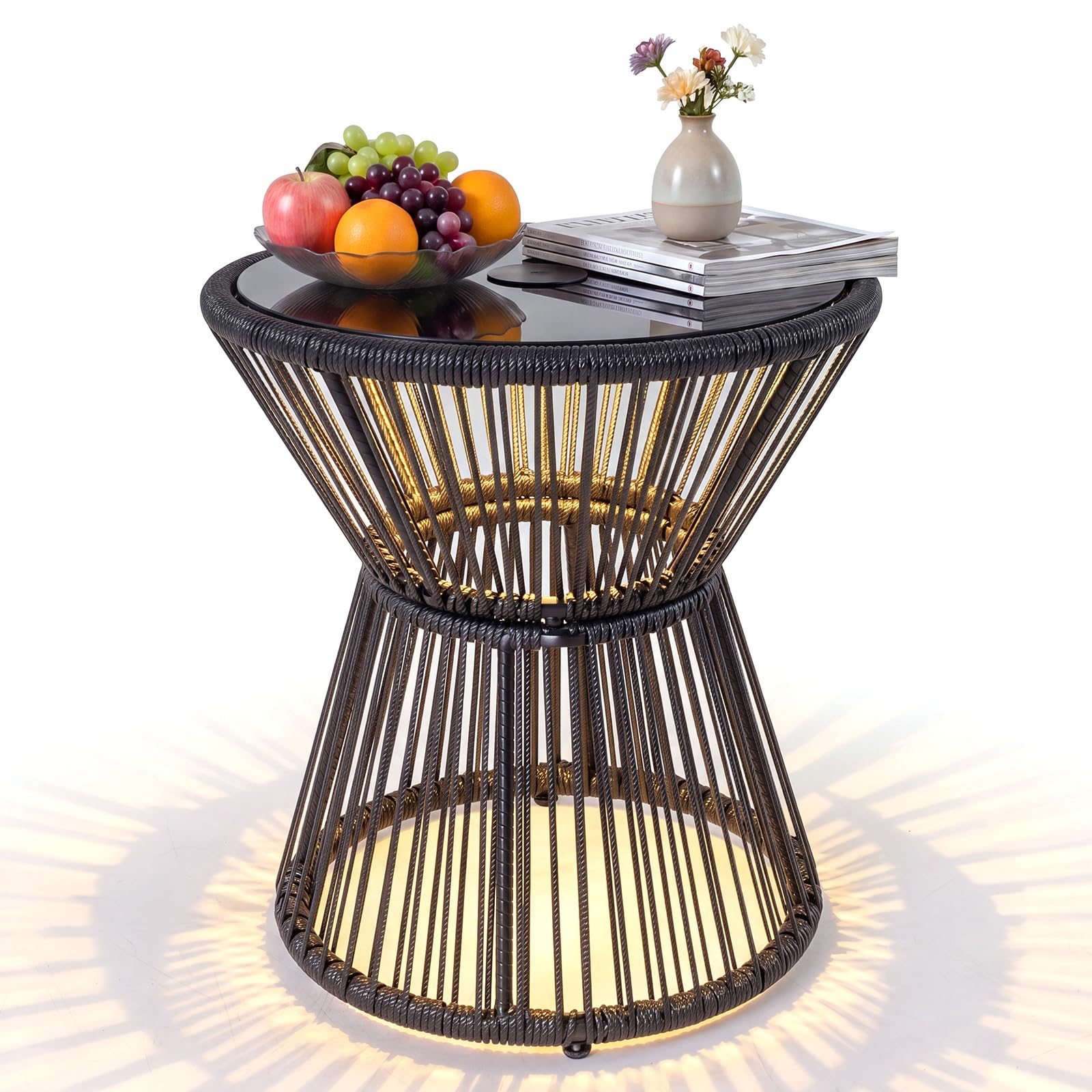 83c67fd61c54d2d14727912eed1233ebe2109ecd11a9e9cd54b91c361e06819c.jpg Tangkula PE Rattan Hourglass-Shaped Outdoor Side Table with LED Warm Light (1/2) - Image 1