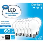 Great Value LED Light Bulb, 9W (60W Equivalent) A19 General Purpose Lamp E26 Medium Base, Non-Dimmable, Daylight, 12-Pack, Size: 12 Bulbs