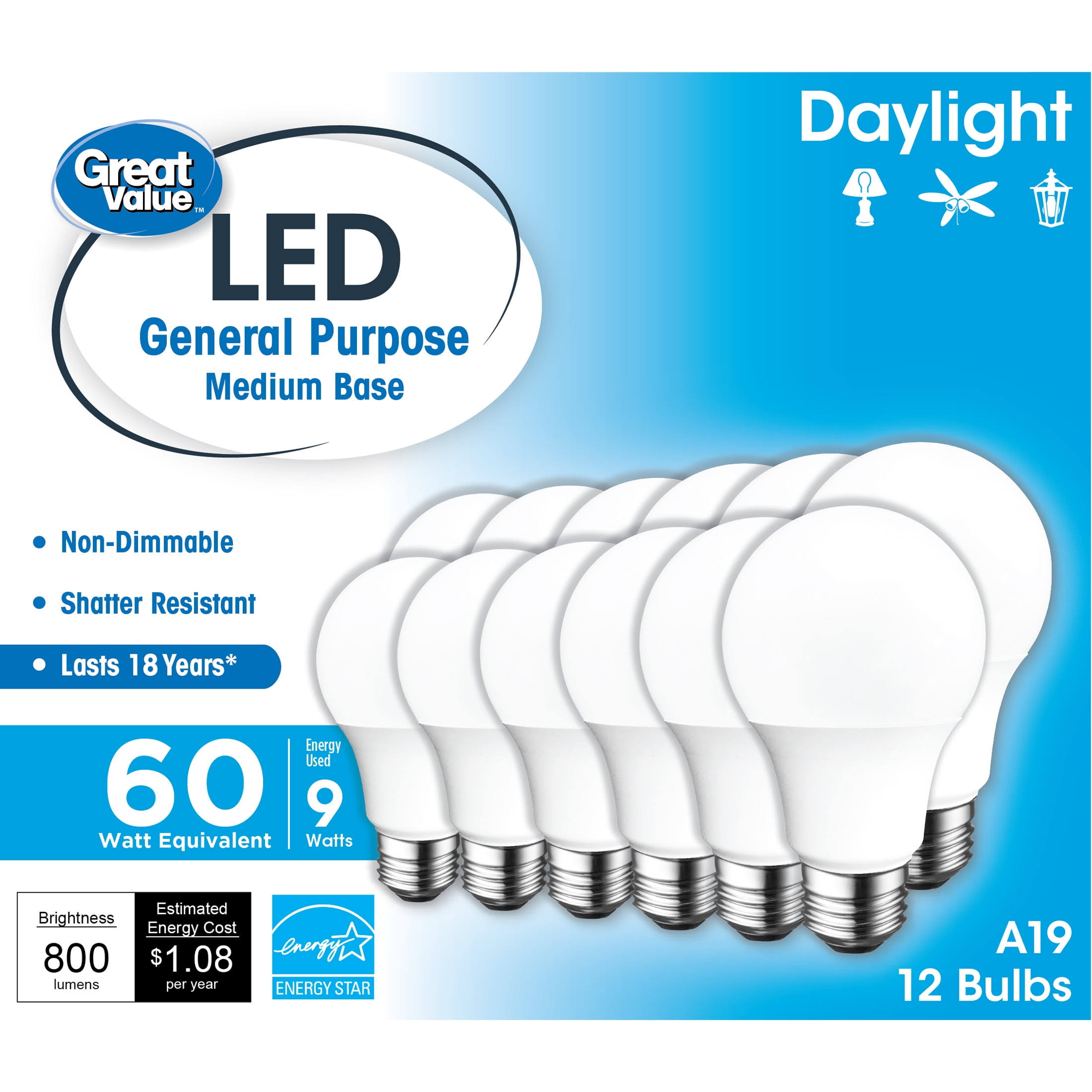 8406d420da0d0e8687a894e3d5478ef7ef0fb284f52602b530b99905508bffad.jpg Great Value LED Light Bulb, 9W (60W Equivalent) A19 General Purpose Lamp E26 Medium Base, Non-Dimmable, Daylight, 12-Pack, Size: 12 Bulbs - Image 1