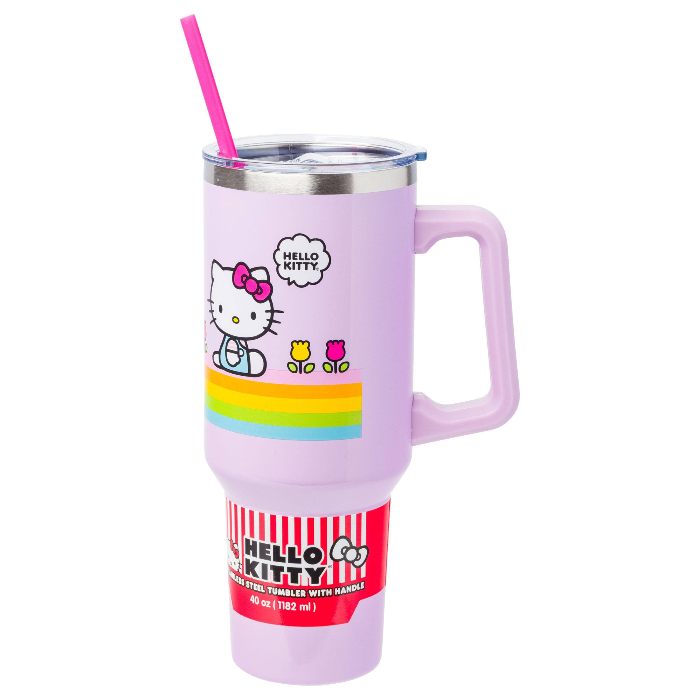 84a17f32e57641a0e349c956653e9db529a2556f6afd5248530e3f6d1356256e.jpg Silver Buffalo Sanrio Hello Kitty Spring and Summer Flowers Rainbow Stripes Stainless Steel Tumbler with Handle and Straw, Fits in Standard Cup - Image 1
