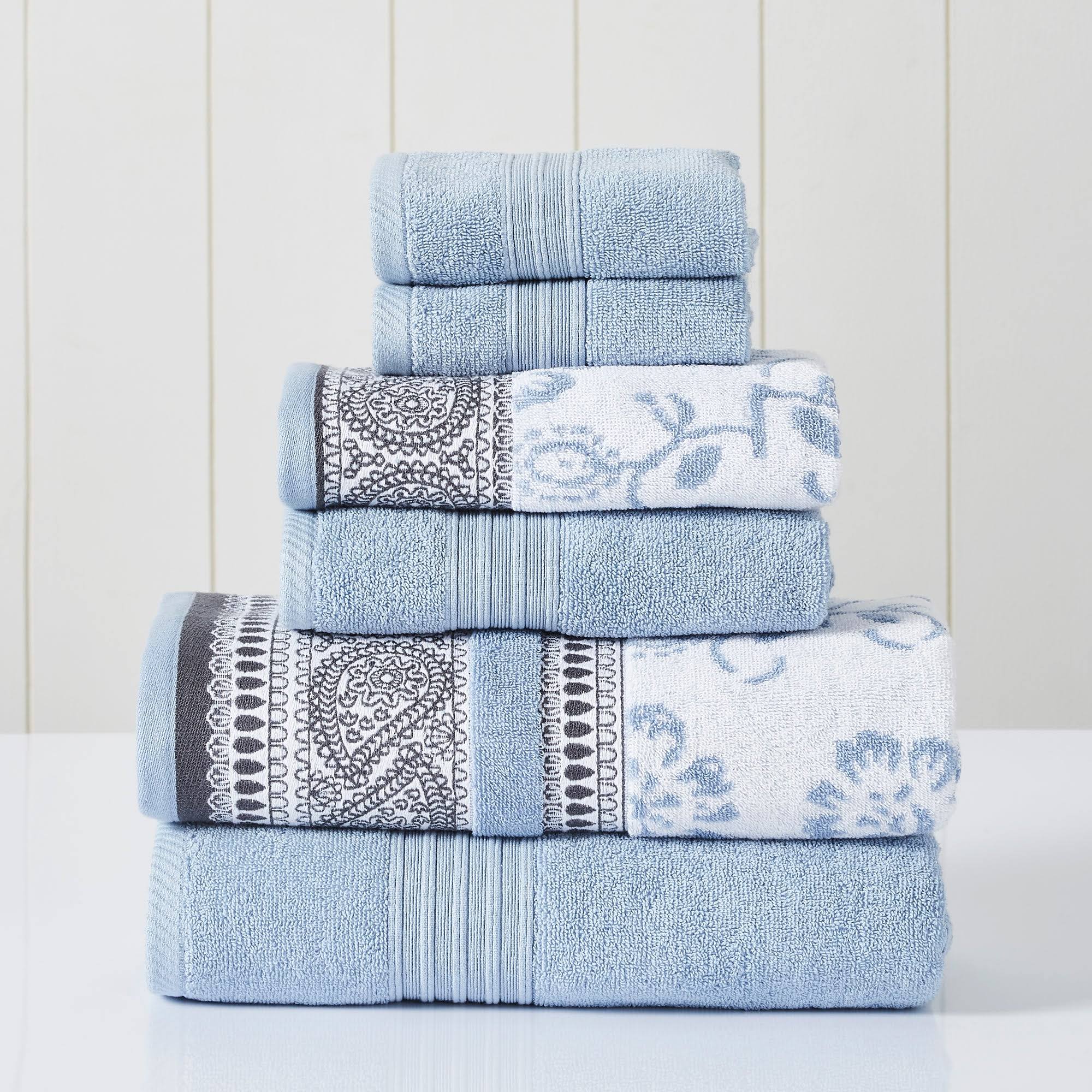 84a33d797f28fb16aa9f69a58c82c87045a27f0ea16c84925af9a43a818c3c28.jpg Modern Threads 6 Piece Yarn Dyed Jacquard/Solid Towel Set, Ophelia, Blue - Image 1