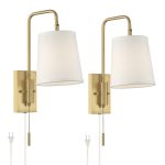 360 Lighting Luca Modern Swing Arm Wall Lamps Set of 2 Warm Brass Metal Plug-In Light Fixture White Fabric Drum Shade for Bedroom Bedside House
