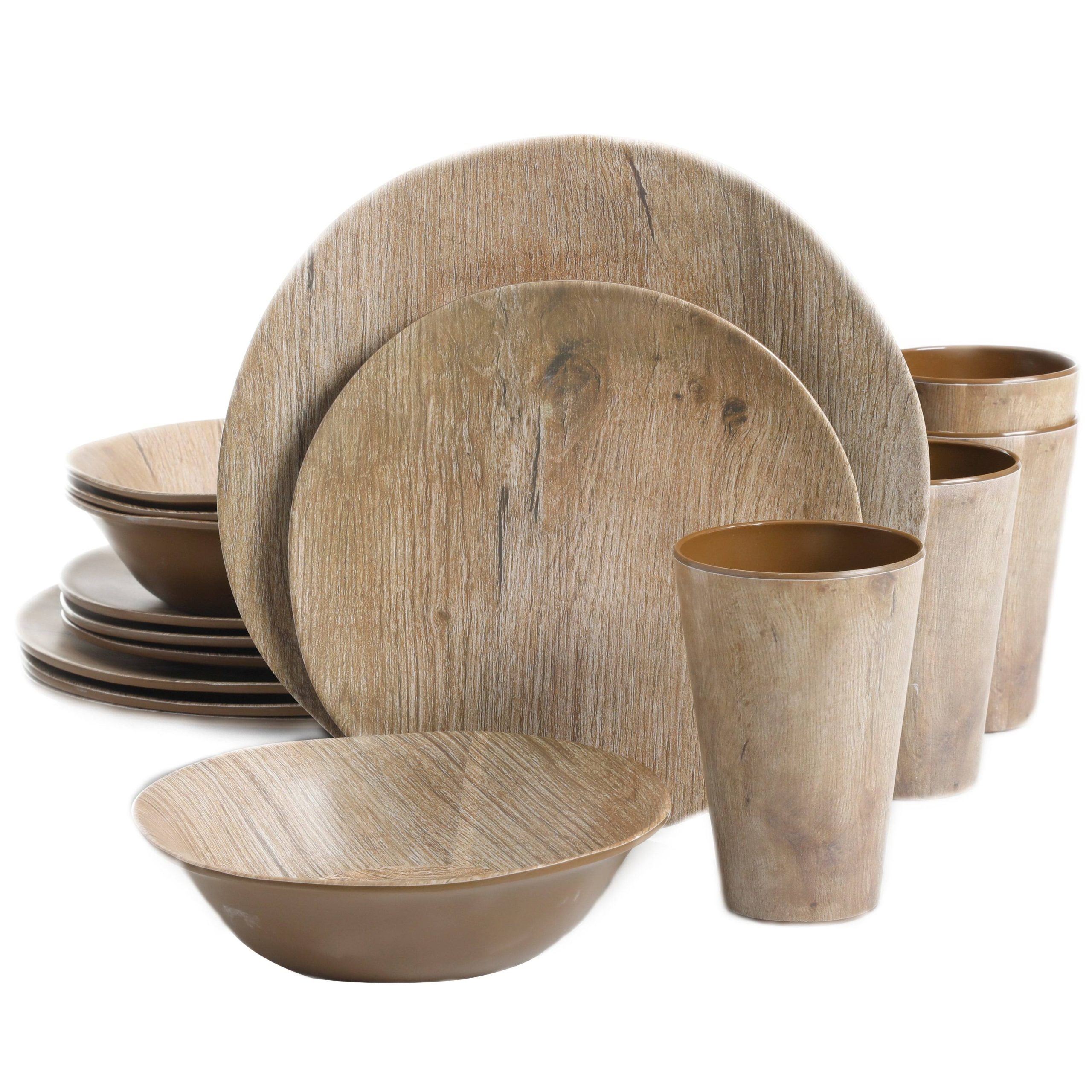 864445ec0b4b9b7a015efa445fb045230d0cac376a267d8bca35f8c41f5c9d3e.jpg Gibson Home Woodlands Round Melamine Dinnerware Set Service for Four (16pcs) Wood - Image 1