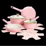 Paris Hilton PH11579-AS Clean Ceramic Nonstick Cast Aluminum Cookware Set with Heart Shaped Lid Knobs, Pink