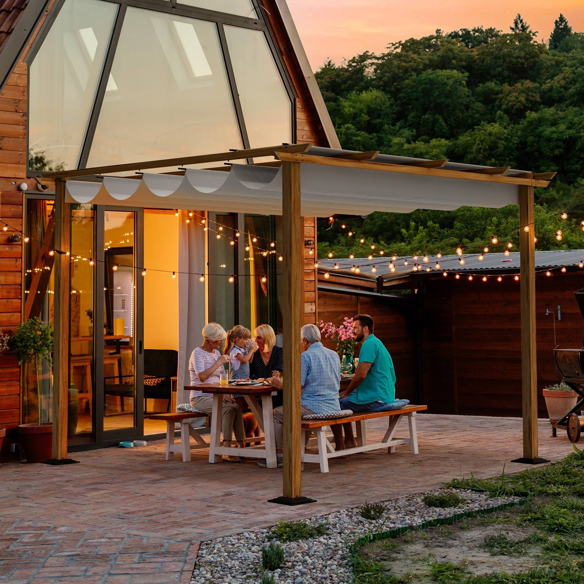 866785704e5dc27532559b3468965d54eb53ff6dc597da45922e1a6d09bd7771.jpg 10 ft. x 10 ft. Wood Grain Aluminum Outdoor Pergola with Retractable Shade Canopy - Grey - Image 1