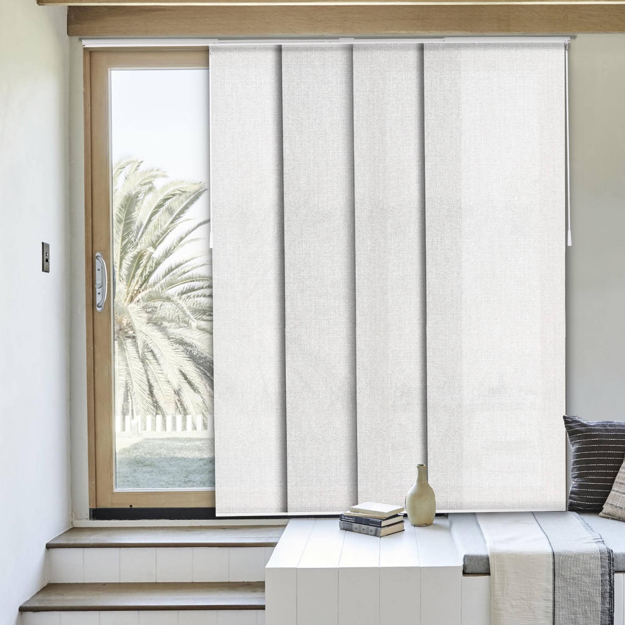 86806d5acc3773ab176523640c268c9d92f2f34a1f528af414e681fa7224e0e1.jpg Chicology Light Filtering Adjustable Sliding Panel Track Blind Size 86 inch x 96 inch White - Image 1