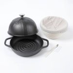 HAWOK Cast Iron Bread Cloche, Dia. 7.8inch/20cm, with Proofing Basket and Dough Scoring Knife, Sourdough Baking Pan Pre-Seasoned Black