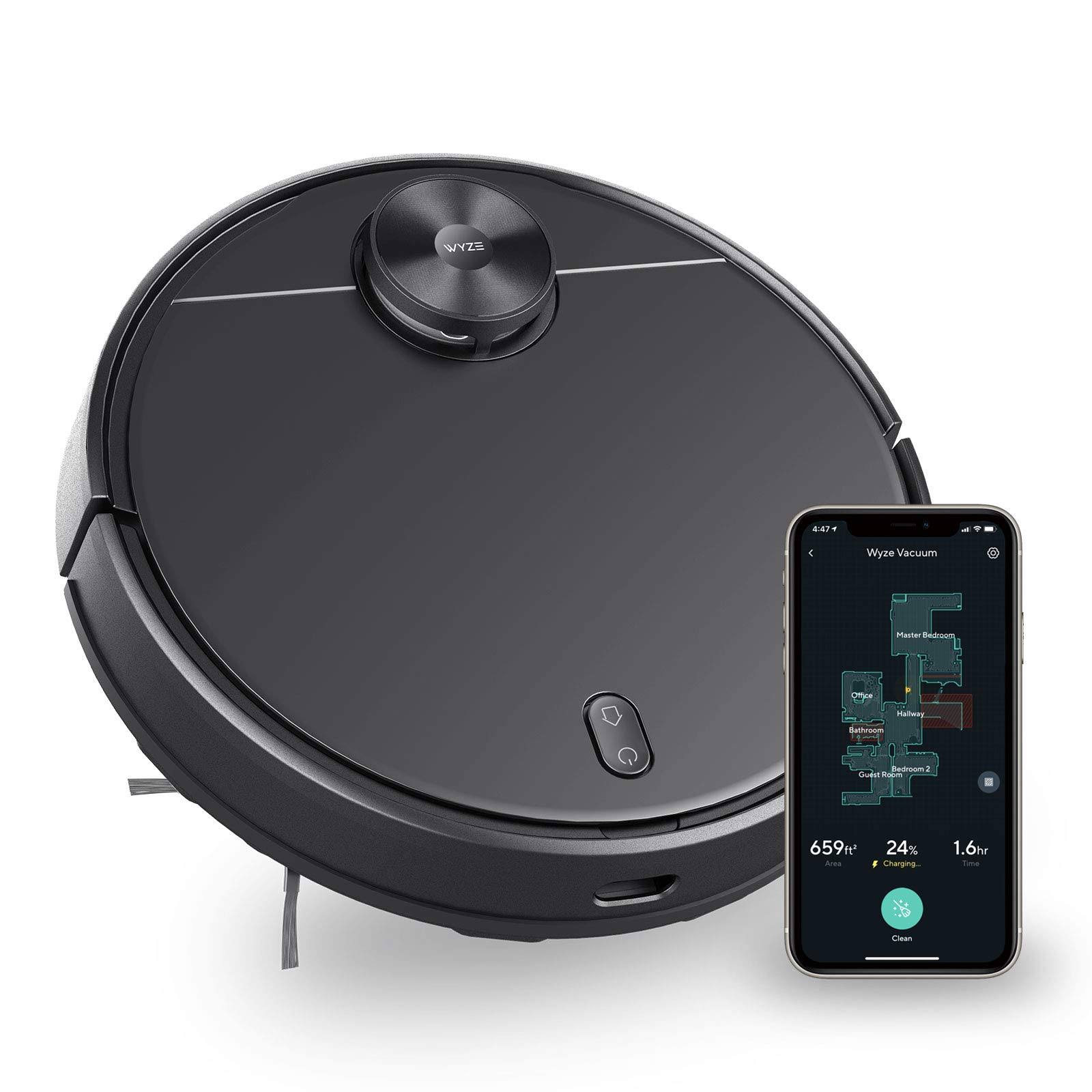 86c4b4ef6263ece95f162469ff5a95068c1f8d6ace10e8cca4ec16dce91765d4.jpg Wyze Lidar Mapping Robot Vacuum, Avoids Obstacles, Wi-Fi Connected, 110min Runtime, Works with Alexa, Multi-Surface Cleaning, Black - Image 1