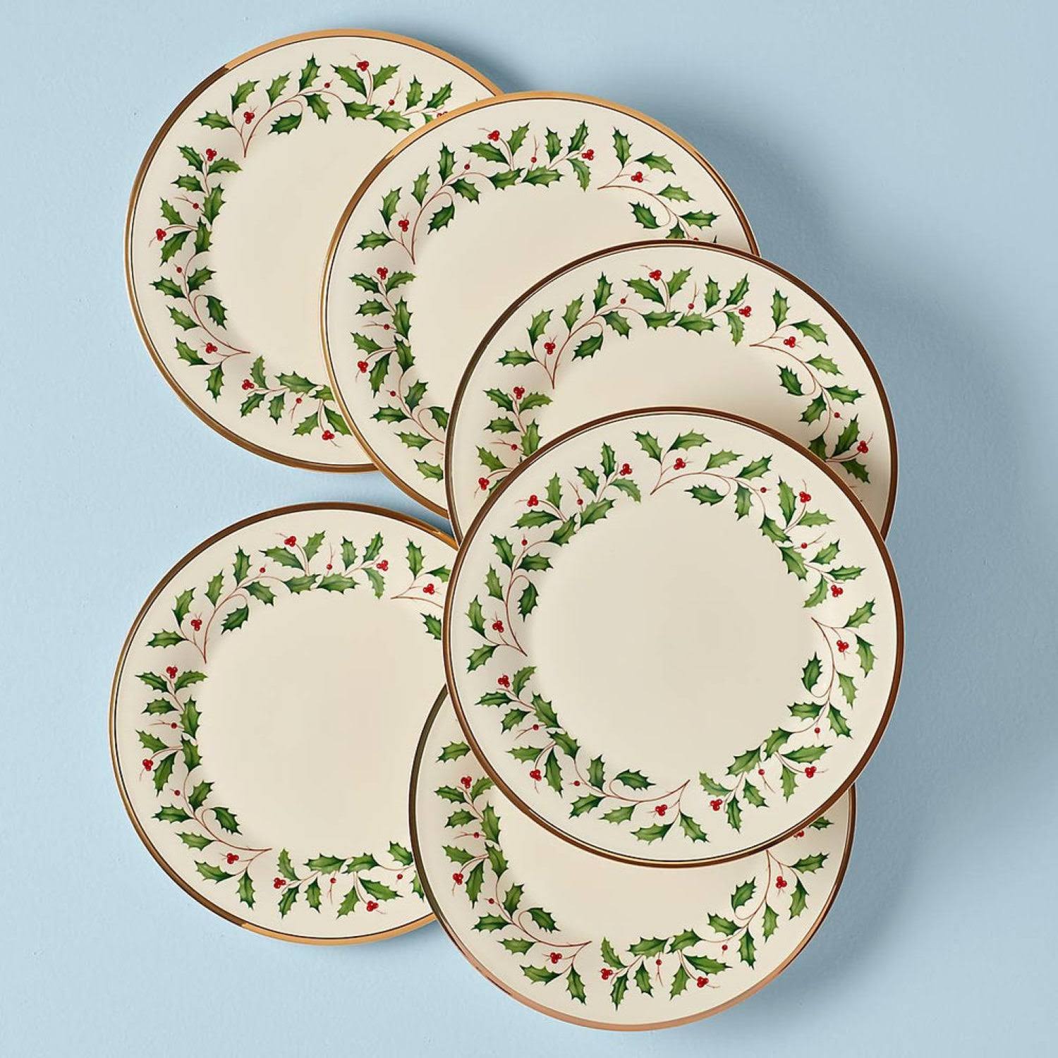 87041cfb89e5e0f3acfdff86ac7a76608d262eff52cb0af163182b0bbb2ff944.jpg Lenox Holiday Bone China Dinner Plate with Gold Rim, Ivory - 6 count - Image 1