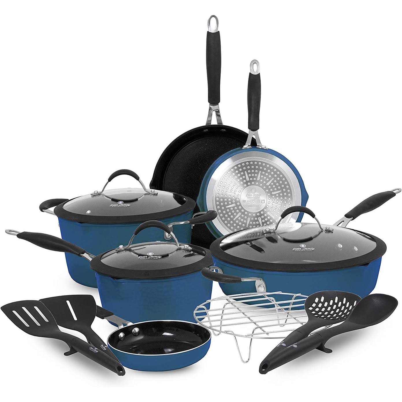 870af013e9b4a95110b7122a6c58ecbba0b720ae2f7d9ad27eebcdb4098fbc37.jpg Paula Deen DFCW12SB Family 14 Piece Ceramic Non-Stick Cookware Set Savannah Blue - Image 1