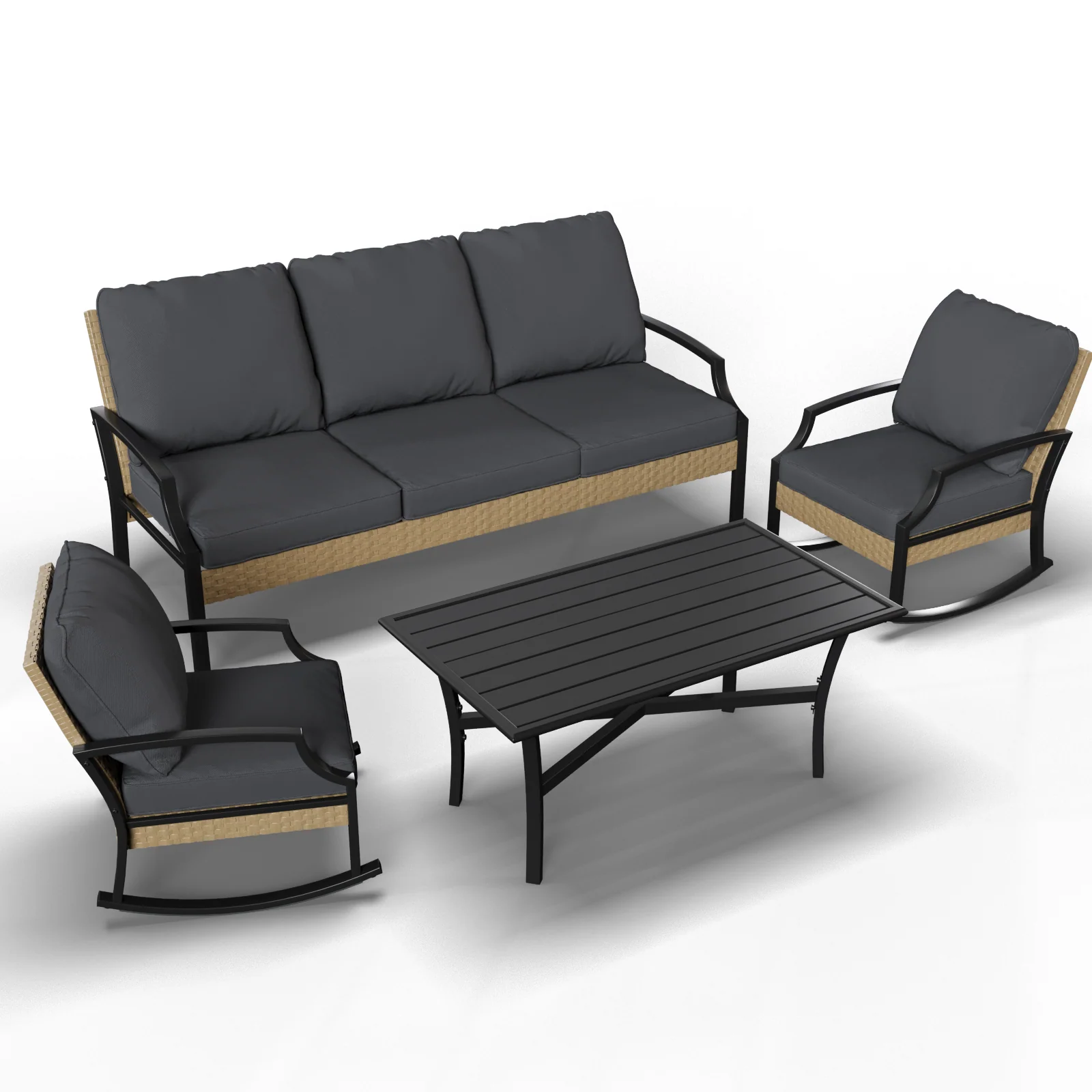 871bda07d317d4147222946918091d15f88b18e4f3f9dbbb72108a385d58e95d.webp AECOJOY Outdoor Patio Furniture Set with Rocking Chair, 4 Piece Rattan Conversation Bistro Set with Coffee Table, Gray - Image 1