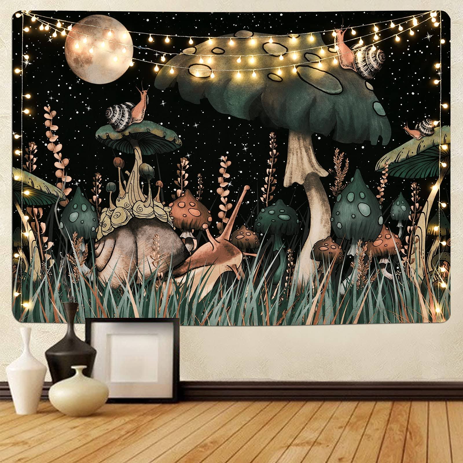 8725bfda617cf334ed31224a05a93f5ceee697baddc0fa6165376df9389a26a6.jpg Boniboni Trippy Mushroom Tapestry Moon and Stars Tapestry Snail Tapestry Fantasy Plants and Leaves Tapestry Wall Hanging for Room(59.1 x 59.1 Inches) - Image 1