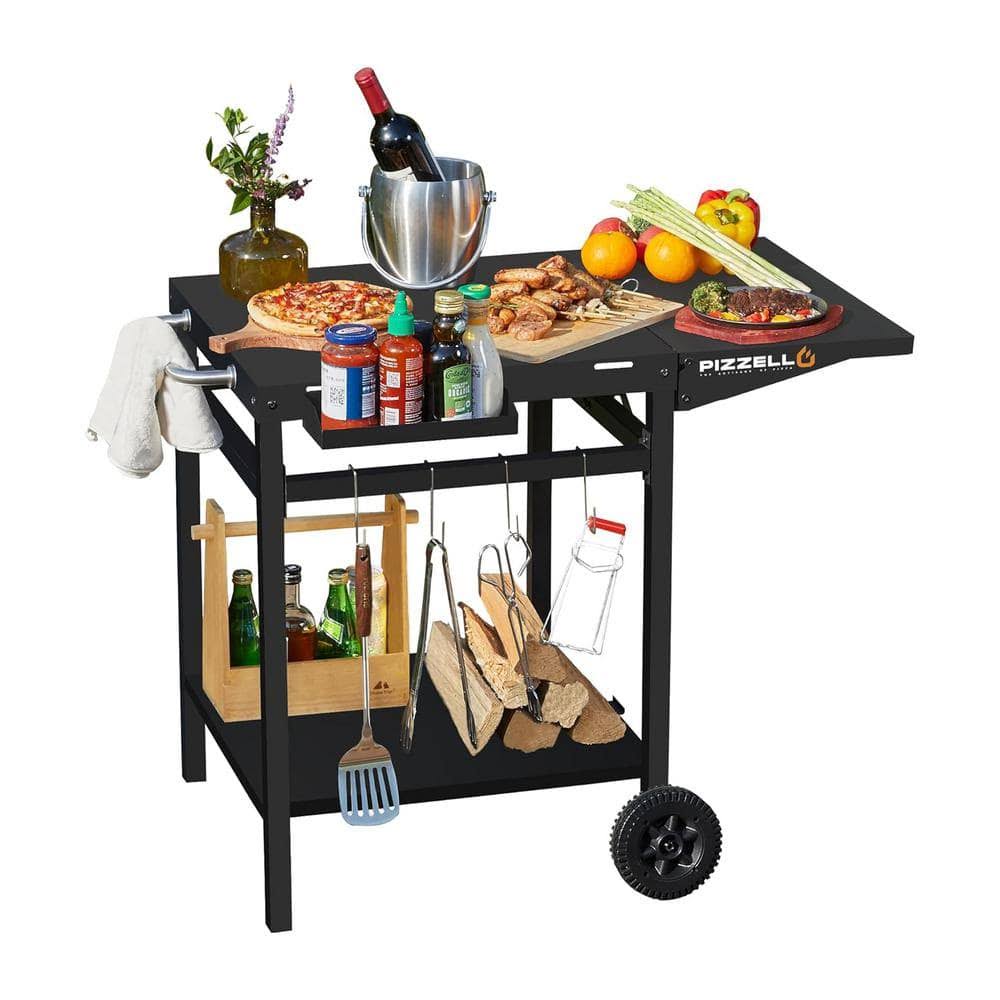 8729f012efa5ec17ef3027c327685c4e1950fdf293fdb17e4f3af7d62bea925b.jpg Pizzello Outdoor Grill Dining Cart Movable Pizza Oven Trolley BBQ Stand Double -Shelf Outdoor Worktable with 2 Wheels and 4 Hooks - Image 1