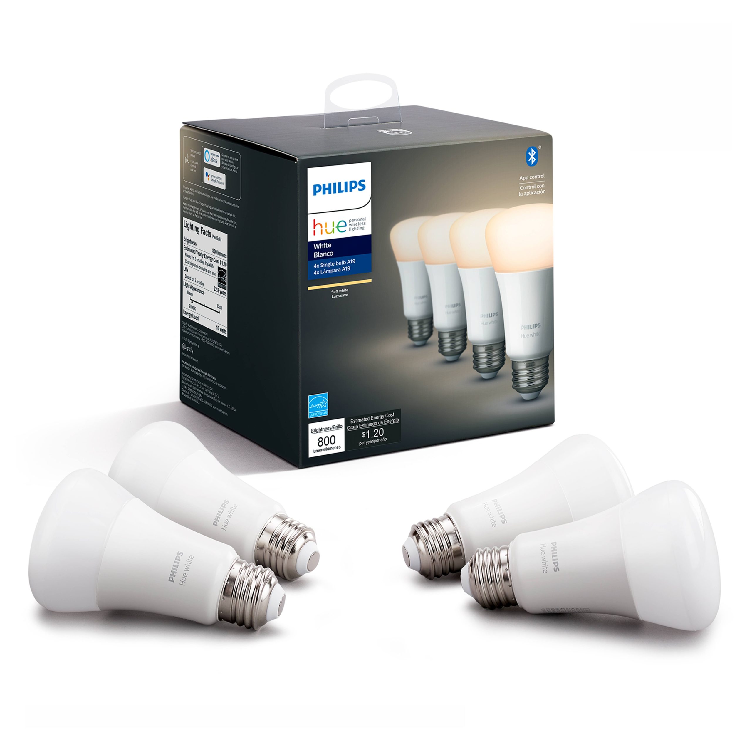 873041c240ec78979cebeb4615568563b8eeceb86b63ab3565e49e881c426abd.jpg Philips 476977 Hue White A19 Bluetooth Smart LED Bulb (4 Pack) - Image 1