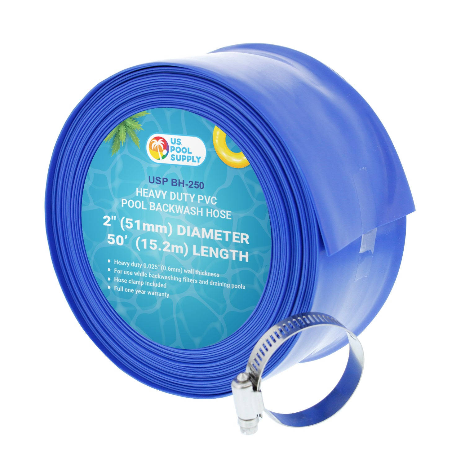 87417e5b5092c5d40eee3c9f936156d96bfd993636f5140a26166ba393bb1467.jpg U.S. Pool Supply 2" x 50' Heavy Duty Blue PVC Swimming Pool Backwash Hose with Hose Clamp - Image 1
