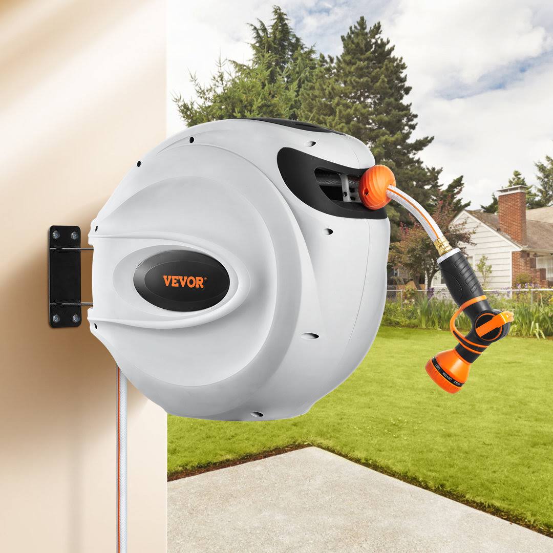 8763fcd67752a6e550880e33a4e79e67e864acf00481e95fdb91566355047d57.jpg Retractable Plastic Wall Mounted Hose Reel with Automatic Rewind VEVOR Size: 130 - Image 1