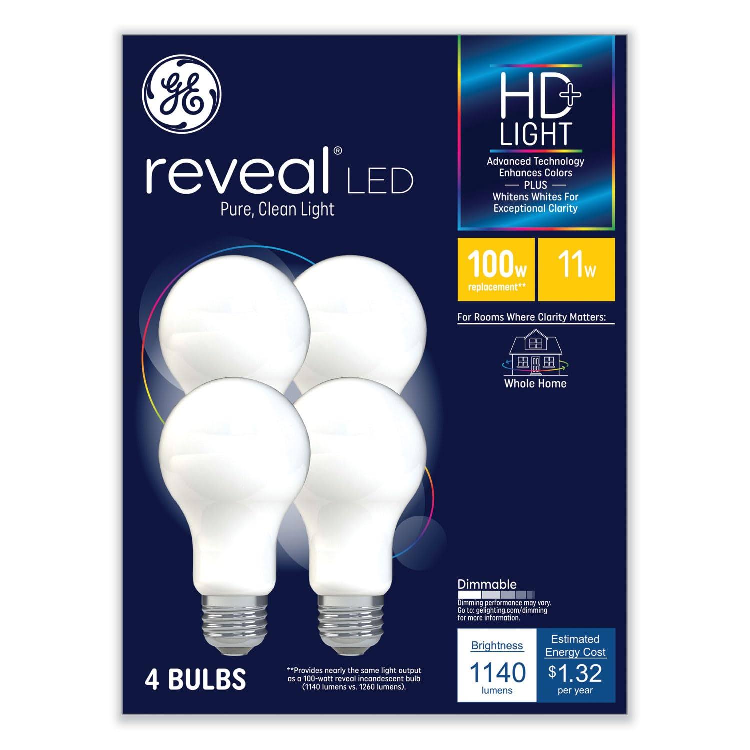 877f2d5bcf2a7f0cbea93d1eb02d9c57ce857b2630cadb85a54b63358c51ece1.jpg GE Reveal HD+ LED A19 Light Bulb, 11 W, 4/Pack - Image 1