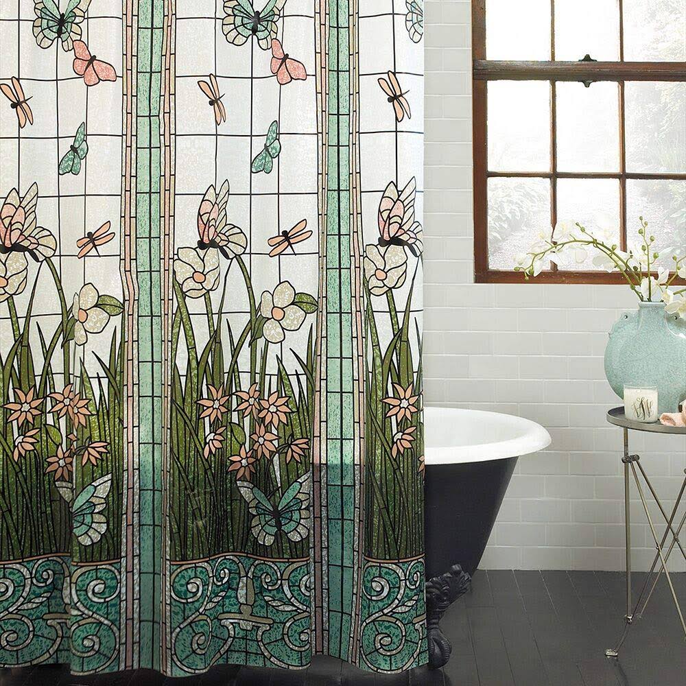 87b84a4de9871ff6c2304875a14c65ca5be57f3de86f4b431fff85c1071f0155.jpg Crystal Emotion Flower Dragonfly Waterproof Bathroom Fabric Shower Curtain Bath Curtain 48x72inch Small Stall Size - Image 1