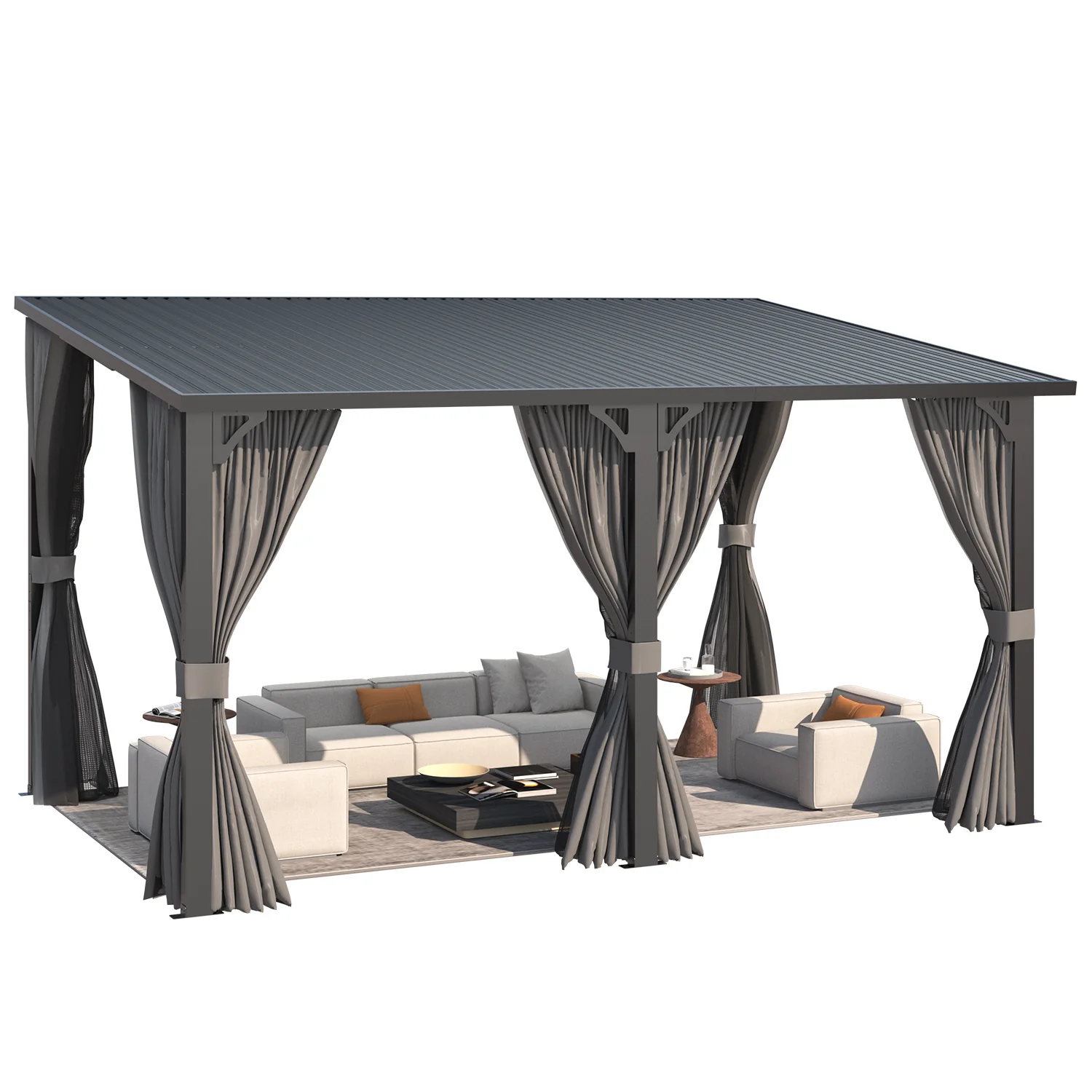 883132a349d8c57475854b6960dc3df8c3e4e353f2fe78d515cdae05b734d16d.webp AECOJOY 14'x10' Outdoor Hardtop Metal Gazebo with Curtain and Netting - Image 1