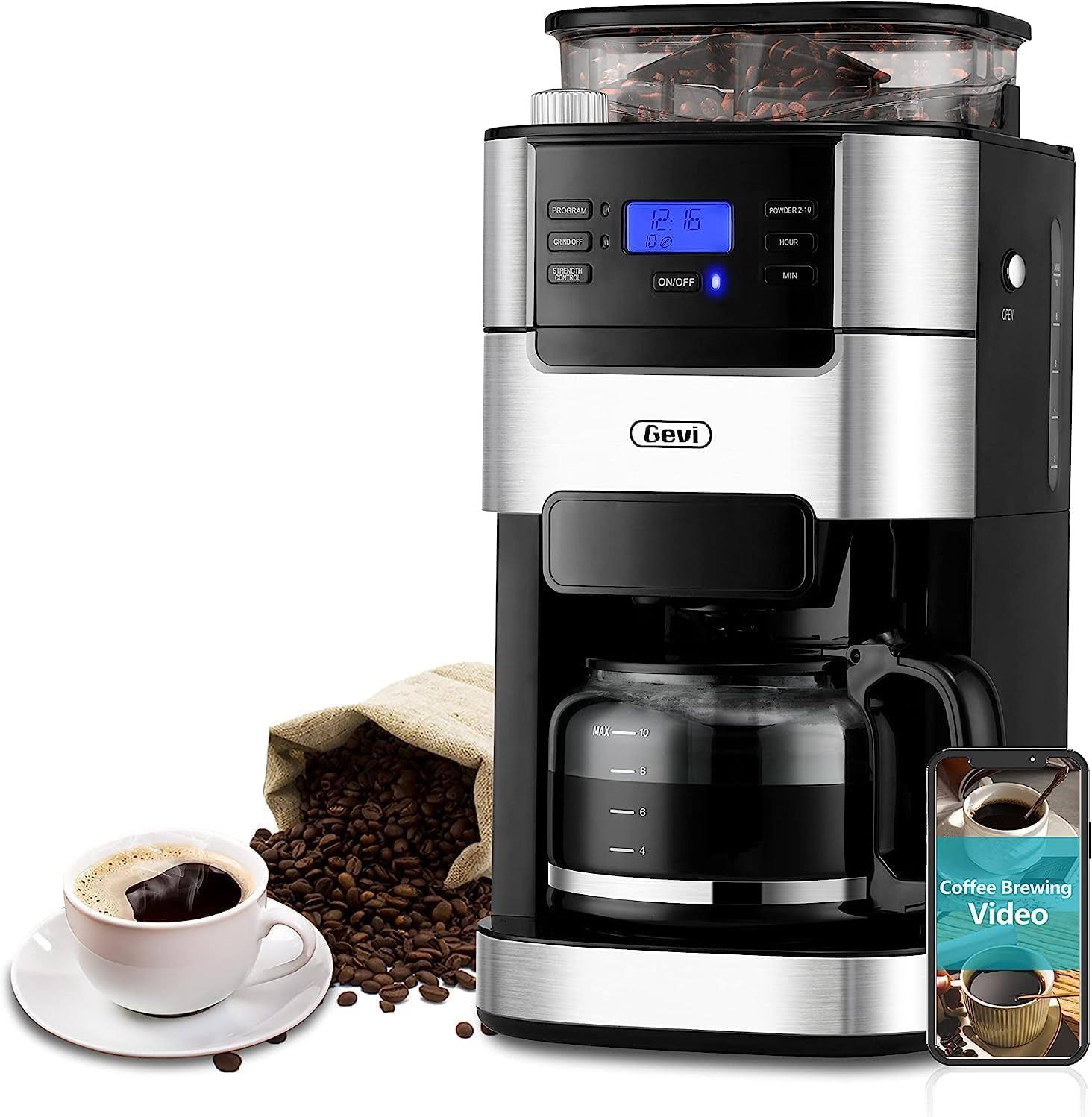 8865127cced9ad6b0a27e5715ee1bae8be66fb466afb197ef1159bf9e8f3cb77.jpg 10-Cup Drip Coffee Maker, Grind and Brew Automatic Coffee Machine with Built-In Burr Coffee Grinder, Programmable Timer Mode and Keep Warm Plate, 1.5L - Image 1