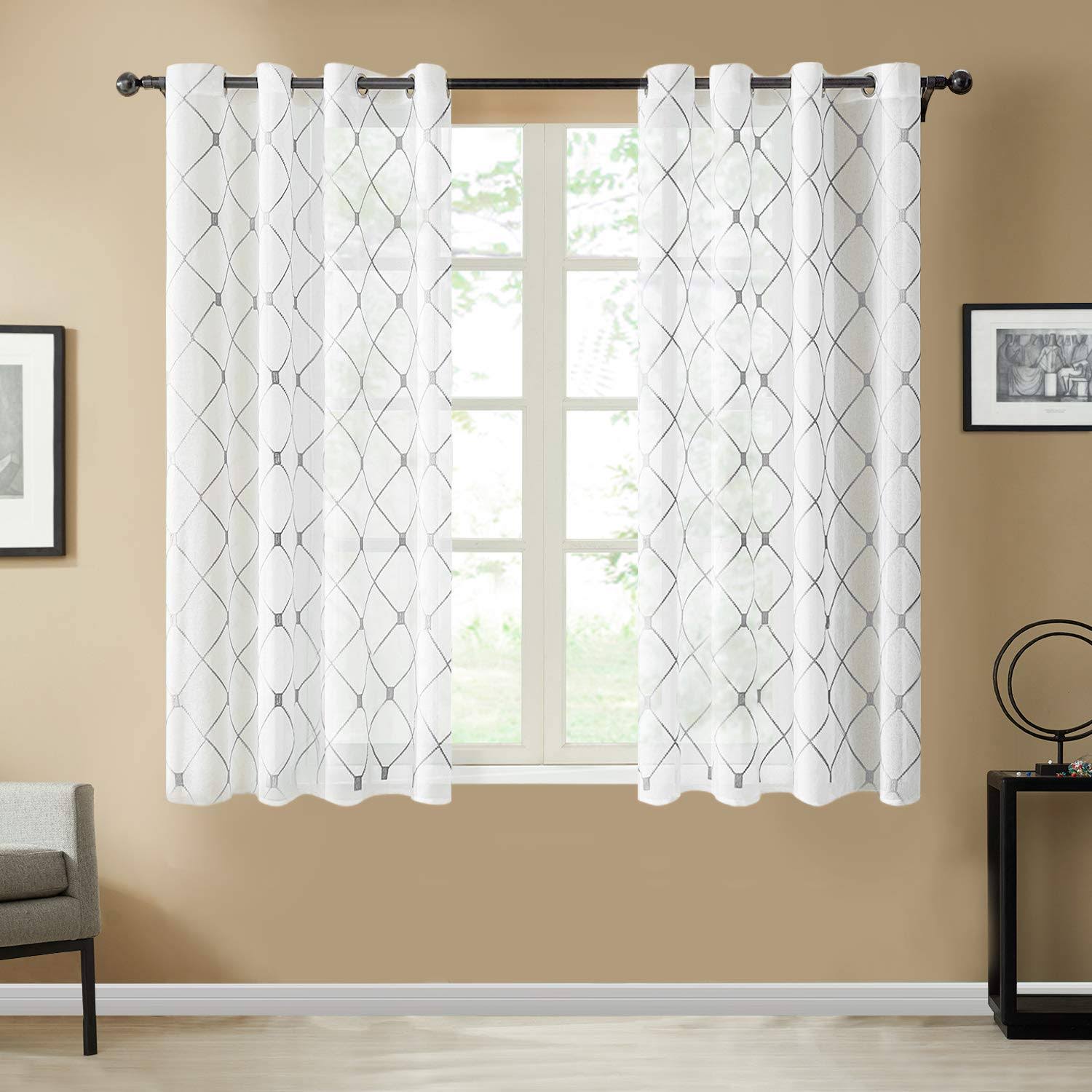886a78d6d9cafb08abaf38cd287228b32116e8a27abf4d3dca95e91b506f939b.jpg Top Finel Short Sheer Curtains 45 inch Length for Bathroom,Privacy White and Gray Embroidered Diamond Grommet Window Treatments Curtains for Living - Image 1