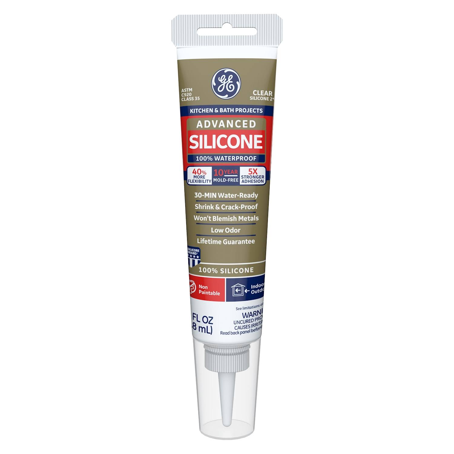 888c3421dc3ee0d93941dc68036e3ee30f47436ad72d805c06ec3784a8200213.jpg GE Advanced Silicone Kitchen & Bath Sealant, Clear, 2.8 oz. Tube - Image 1