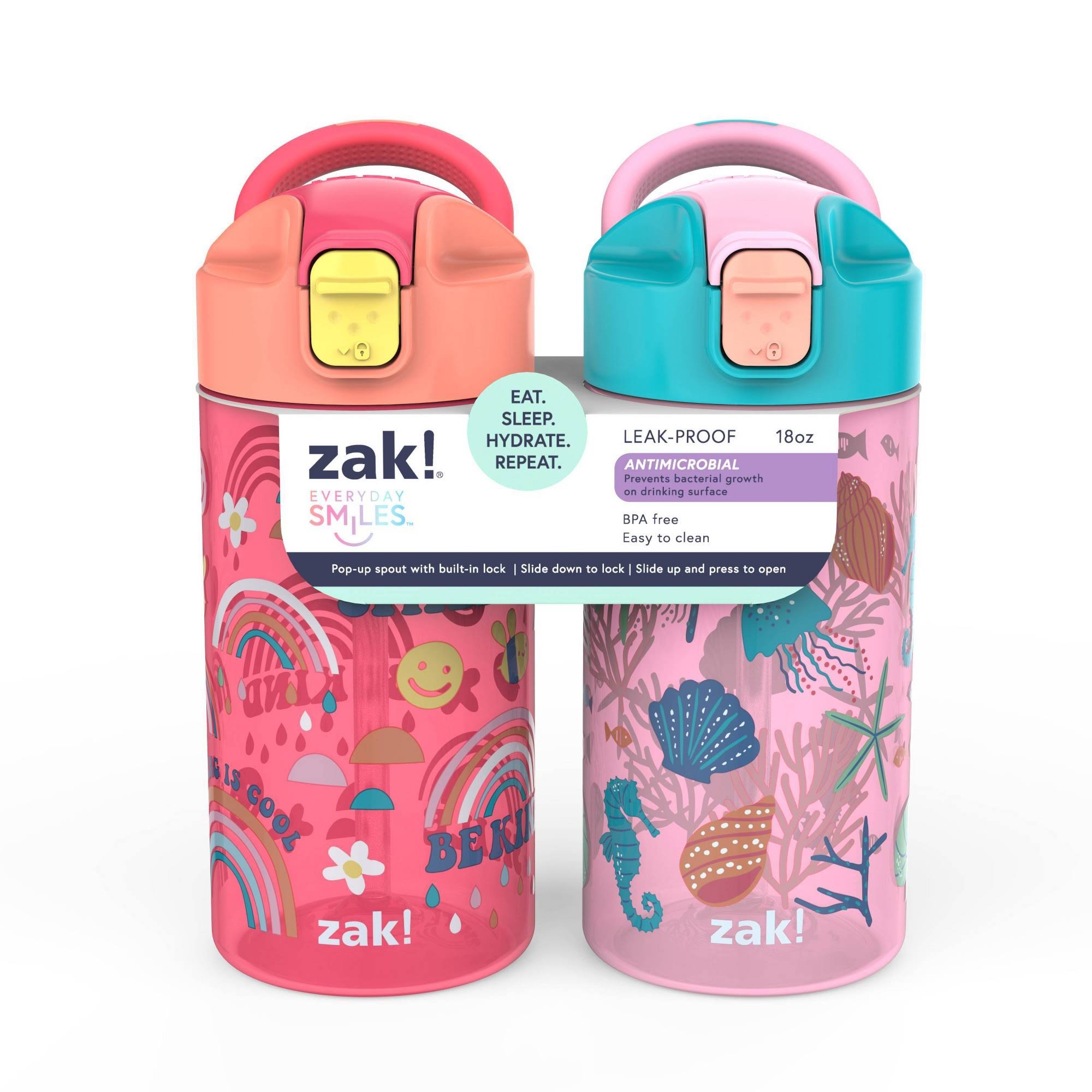 88a623ec581aaecf1121f4d164a5154cc5d04311e7c120ca83f8dd8b10ef4ac7.jpg 18oz 2pk Plastic Shells and Rainbows Valiant Water Bottles - Zak Designs - Image 1