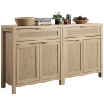 Nopurs Rattan Sideboard Buffet Cabinet Set of 2, Boho Storage Cabinet Buffet Table with Doors and Drawer, Coffee Bar Cabinet for Kitchen Entryway Living Dining Room, Light Oak