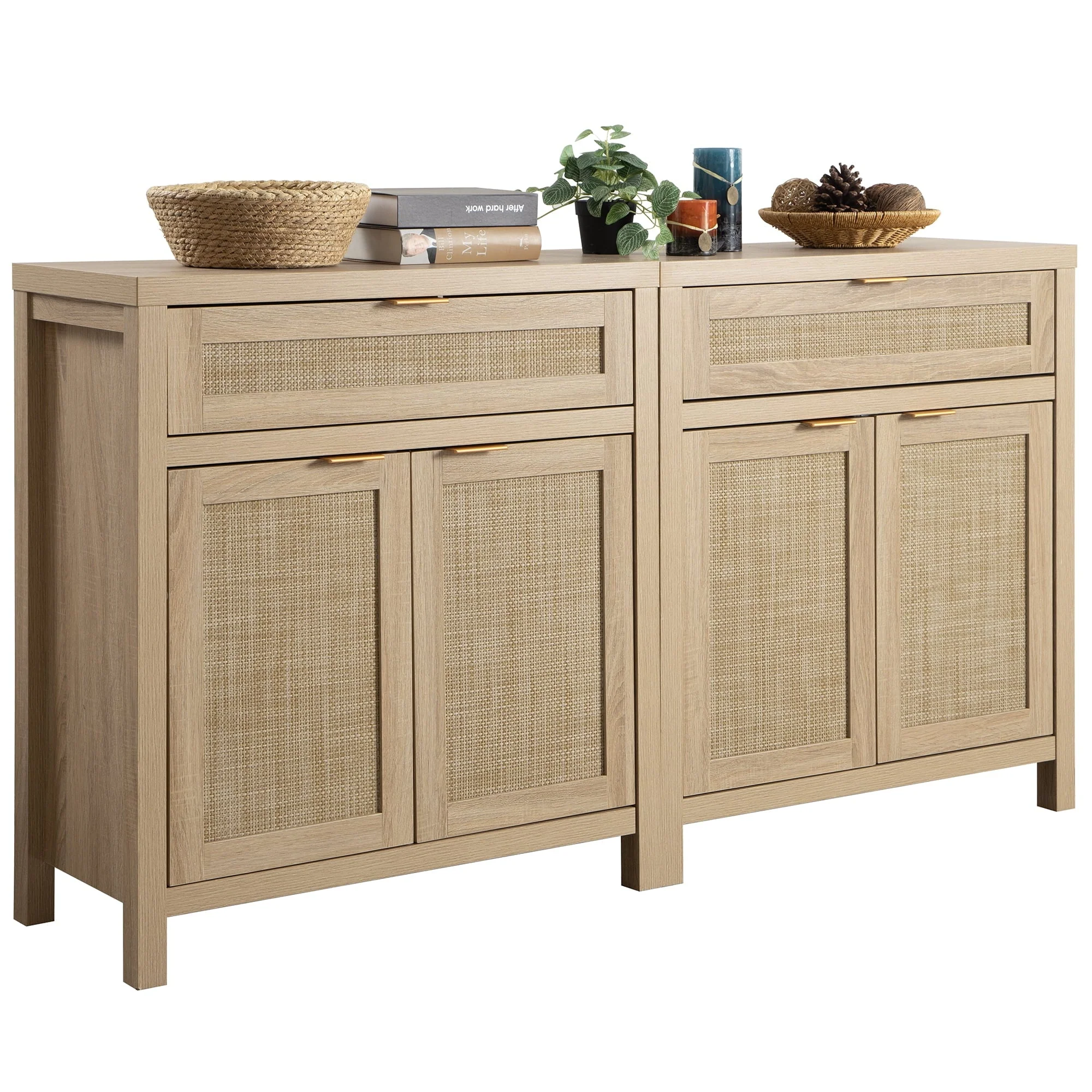 88d191c0342d87c20990fa21837fb29a49952d9e6aa4053b90d6de96aaf913ac.webp Nopurs Rattan Sideboard Buffet Cabinet Set of 2, Boho Storage Cabinet Buffet Table with Doors and Drawer, Coffee Bar Cabinet for Kitchen Entryway Living Dining Room, Light Oak - Image 1