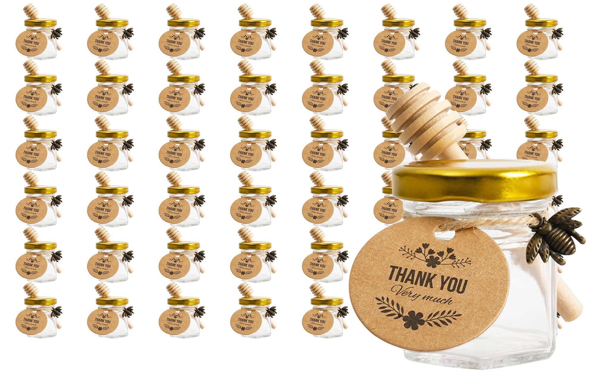 88e4aab5b9cc8b95a340ccf648e88a634c195d74ae0a9f7601fdfb75f814faf5.jpg 1.5oz 48 Pack Mini Glass Hexagon Canning Jars with Gold Lid, Bee Charms Honeybee Pendant, Honey Dipper Sticks, Jute Tag String, Thank You Gift Tags, - Image 1