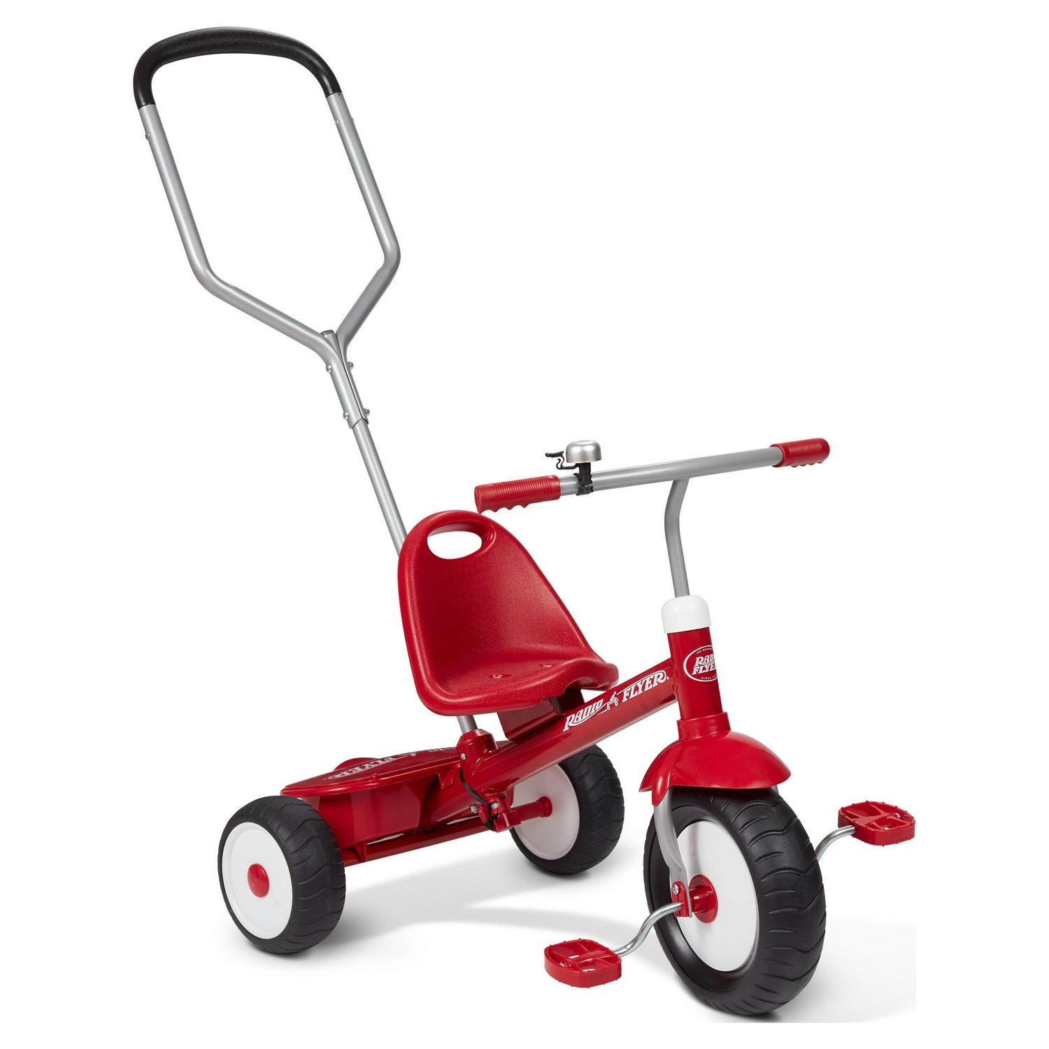 8906eedefb3272ff83582ccf794bafc249e1e8a869f46070415bc5653aa38f90.jpg Radio Flyer Deluxe Steer & Stroll Tricycle with Parent Push Handle and Adjustable Seat for Ages 2 to 5 Years - Image 1