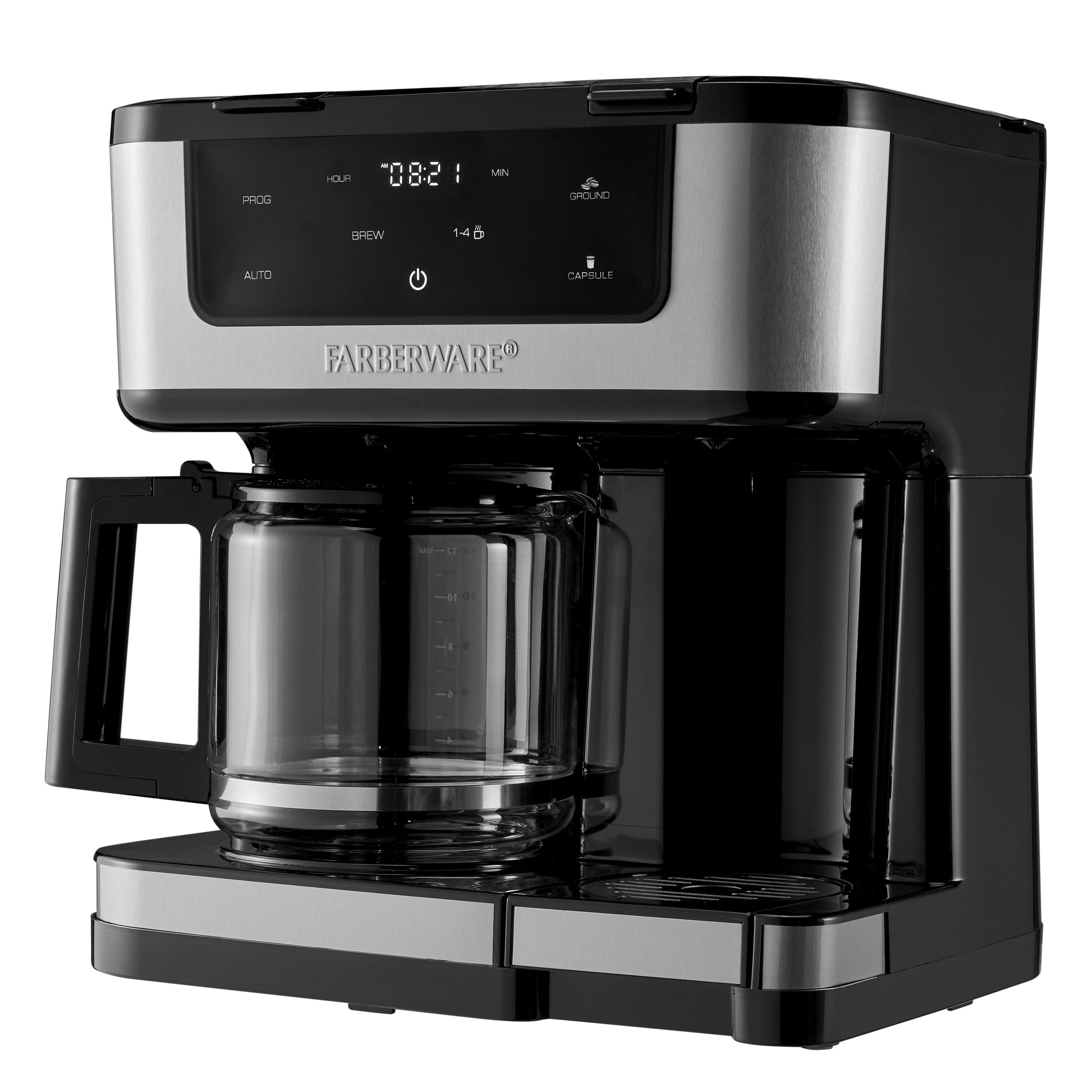 897c509c8b5bccd5aa1a6f02706c9b5d0b790e82b16711f5a19f5987df454636.jpg Farberware Side by Side Coffee Maker, Single Serve or 12 Cups, Black and Stainless - Image 1