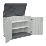 AECOJOY Horizontal Storage Shed with Removable Shelf, Lockable Outdoor Storage Cabinet – 28 Cu.ft, Ivory White