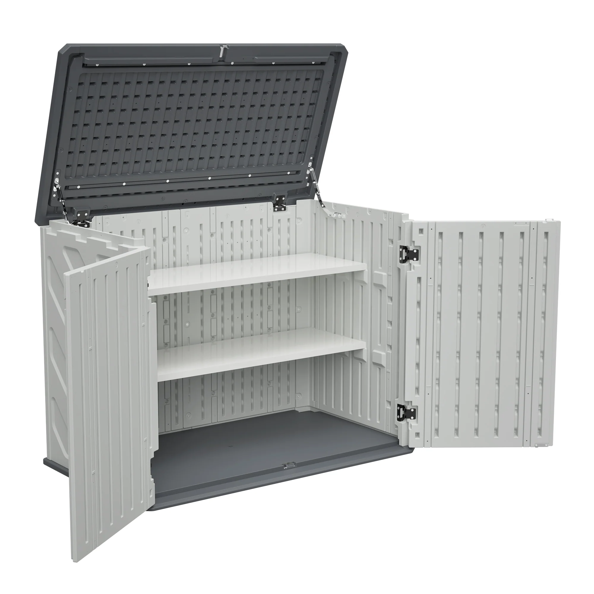 89d5d2fd0b0e1059852db75dedcd013bc88f2852a75e21c0bbd29d72d1f486ed.webp AECOJOY Horizontal Storage Shed with Removable Shelf, Lockable Outdoor Storage Cabinet – 28 Cu.ft, Ivory White - Image 1