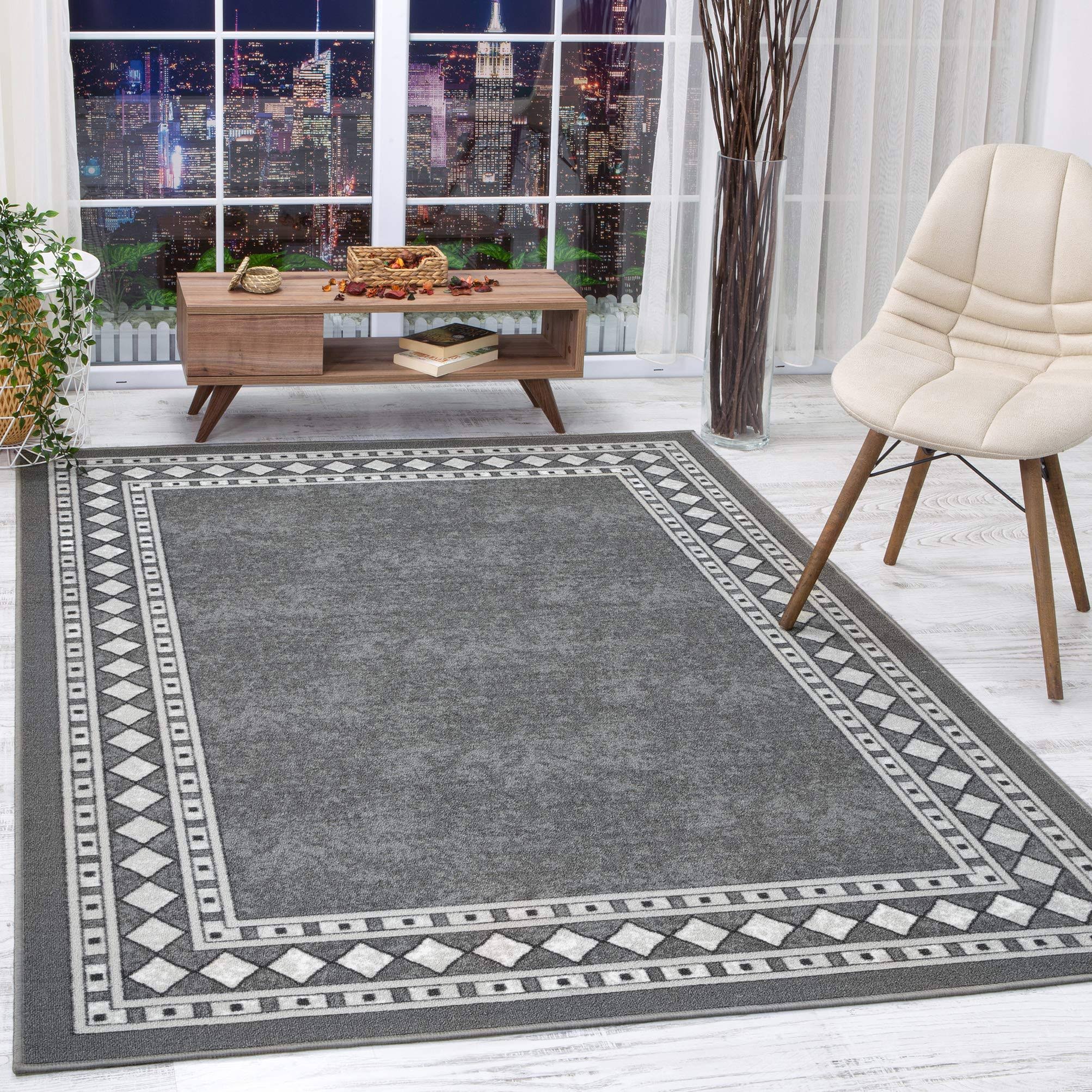 89d819831334d921e7a145c744ddcfafd01d5db06e101710213b808db8011eeb.jpg Antep Rugs Alfombras Modern Bordered 8x10 Non-Skid (Non-Slip) Low Profile Pile Rubber Backing Indoor Area Rugs (Gray, 710 x 10) - Image 1