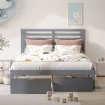 Platform Bed Frame Storage Bed with Headboard, Pine Wood Full Bed Frame for Bedroom, Modern Full Size Bed Frame with Drawers, Wood Slats Support, Holds 400 lb, No Box Spring Needed, Gray