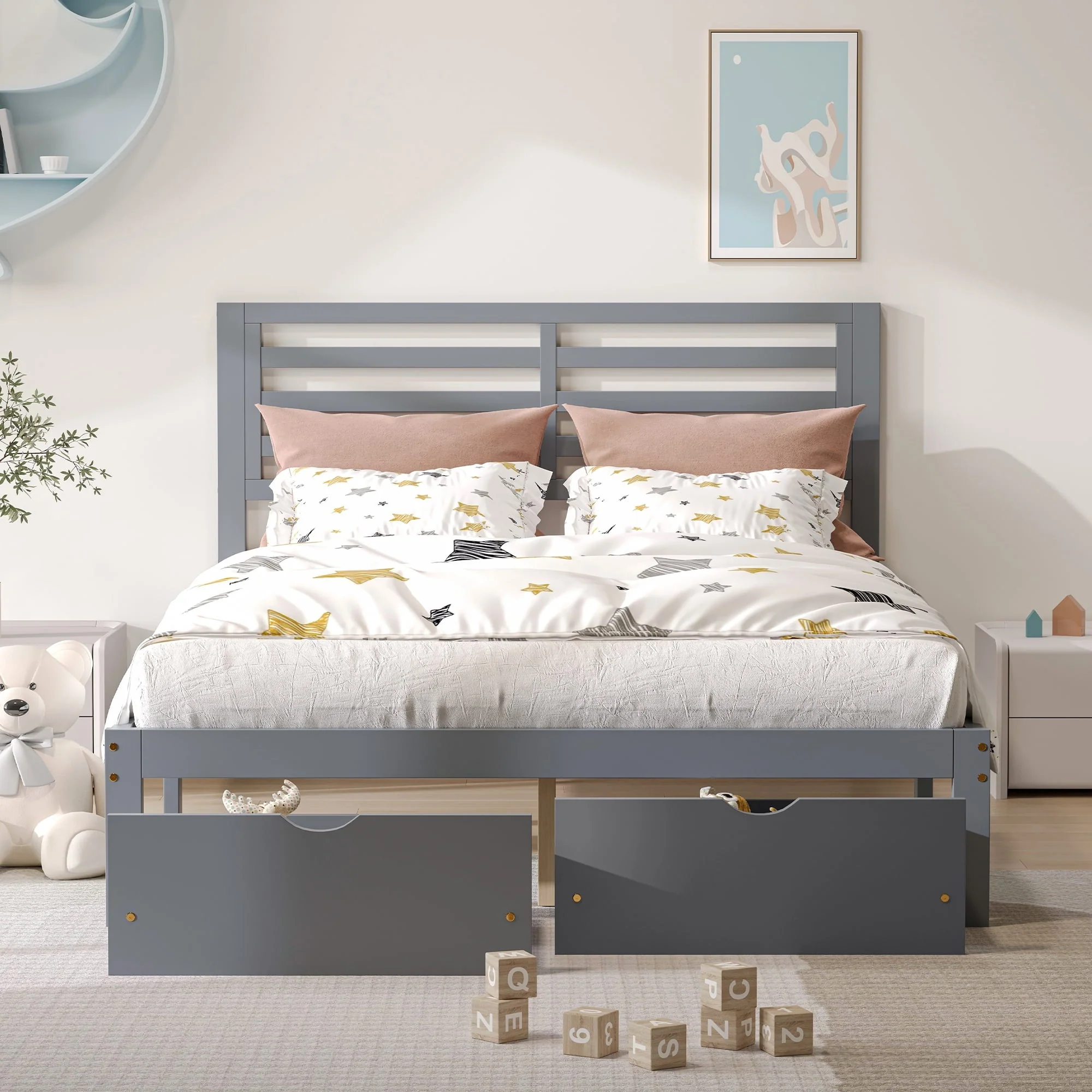 8a01037d914c6113ca7048718e58d75e818f099413babe13c8217972a03f7de8.webp Platform Bed Frame Storage Bed with Headboard, Pine Wood Full Bed Frame for Bedroom, Modern Full Size Bed Frame with Drawers, Wood Slats Support, Holds 400 lb, No Box Spring Needed, Gray - Image 1