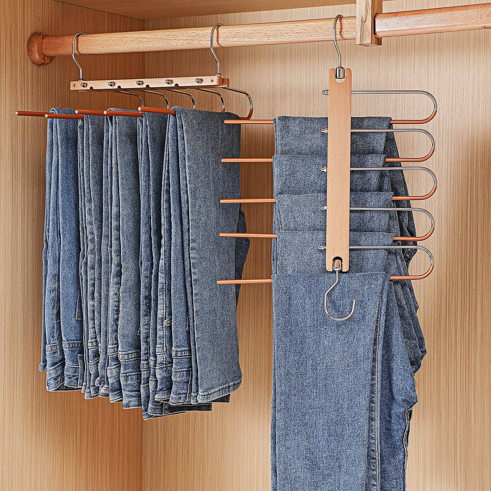 8a459db792fb78daaa5573293ef2f5e3cc6d2b11f4bc5bf20e4c224454206f0b.jpg 2 Pack - Pants Hanger Space Saving, Solid Wood Non-Slip Pants Hanger, Multifunctional 5 Layer Closet Pants Hanger for Closet Storage Pants Hanger - Image 1