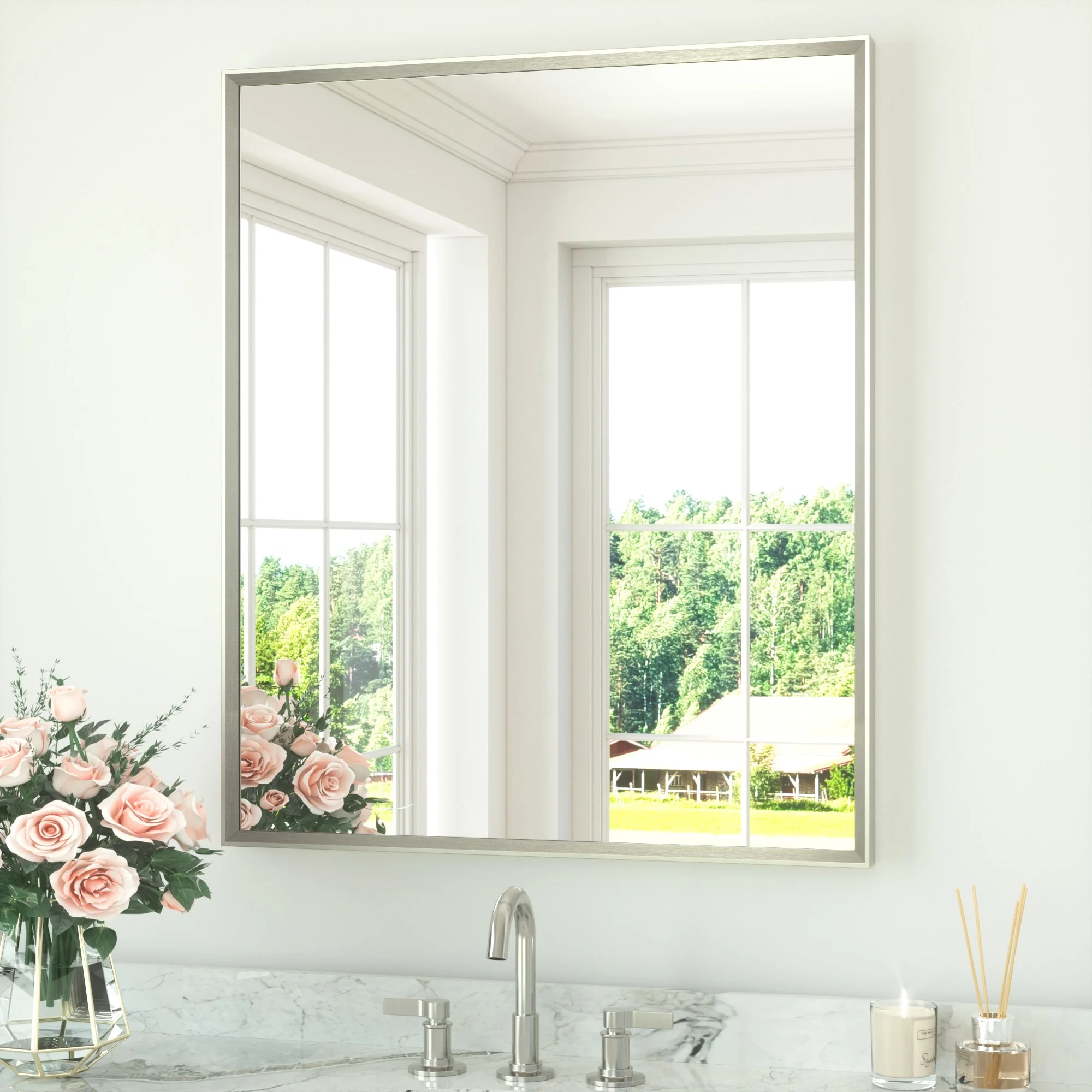 8a5b4c4259d01ecbbbd68bc3fc2c7865fa46516521b177471e6db62d770db50e.webp 30 x 36 Inch Brushed Nickel Rectangle Beveled Framed Bathroom Vanity Mirror - Image 1