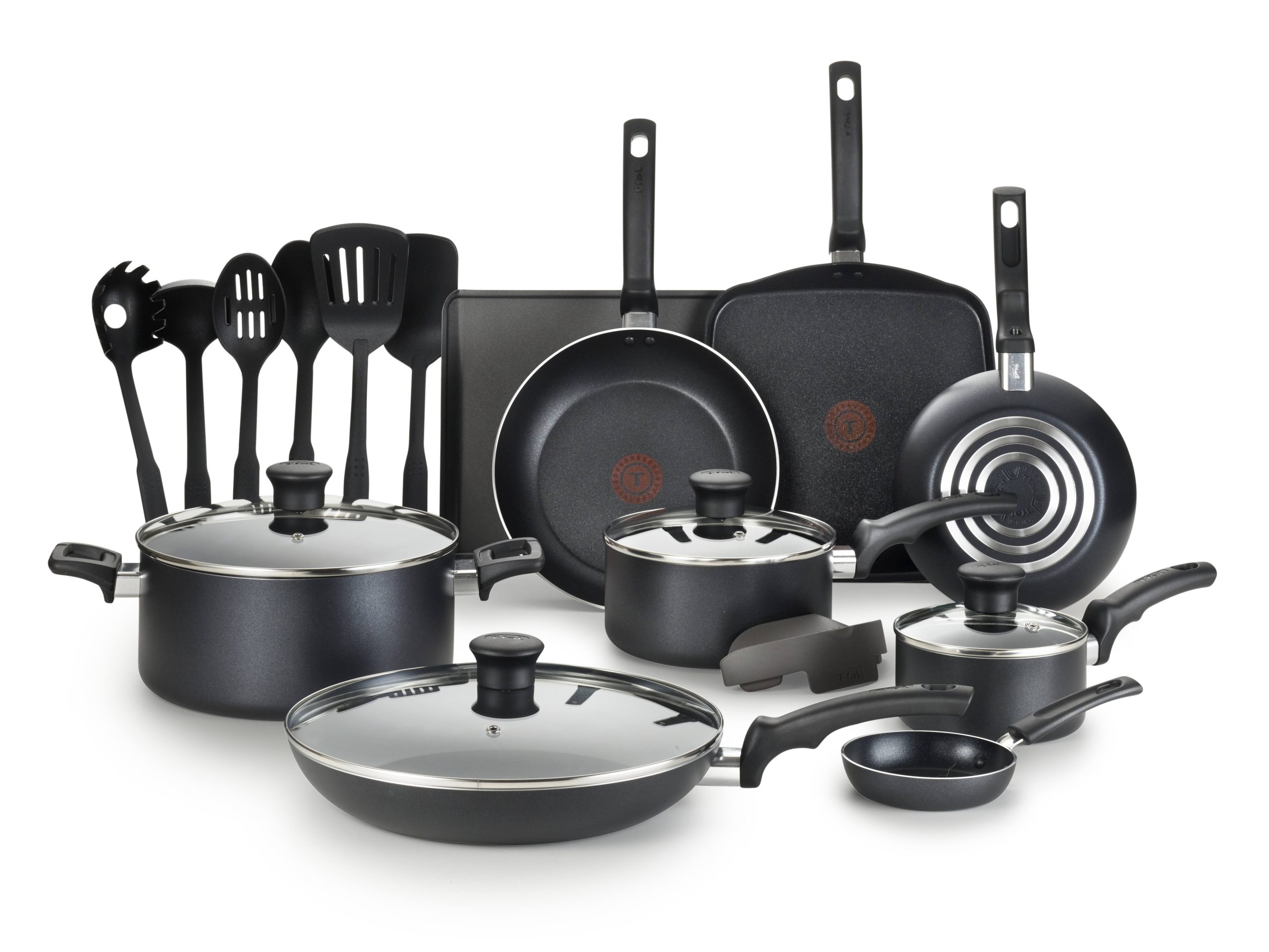 8a990fd90324eec124ee447978cf7ed61c42a3a303eb467129cc00c773b76292.jpg T-Fal Essentials 20 Pc. Nonstick Cookware Set, Black - Image 1