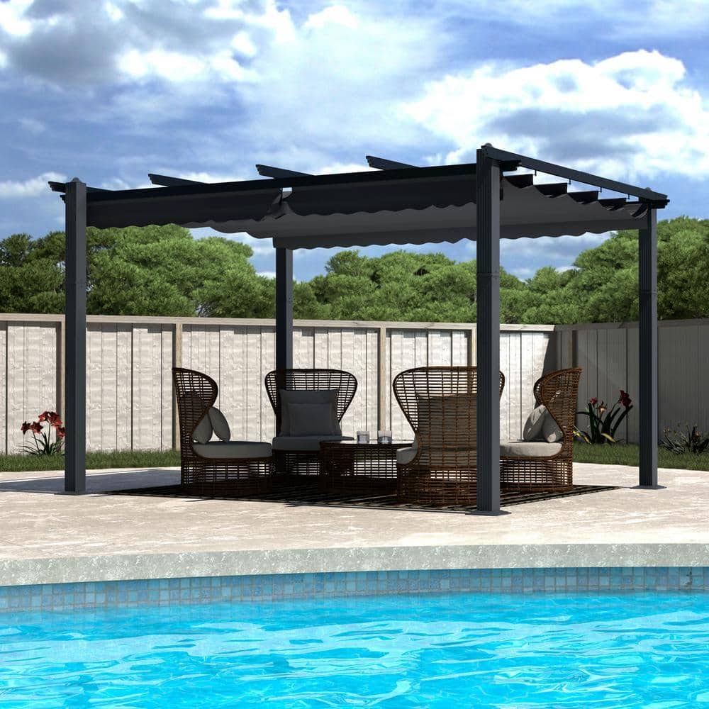 8adf8a35405633247b042867e10a380a0e0b260712b8af5dae3d12b6bdd2ac3b.jpg Veikous 10 ft. x 13 ft. Dark Grey Aluminum Outdoor Patio Pergola with Retractable Sun Shade Canopy Cover, Gray - Image 1