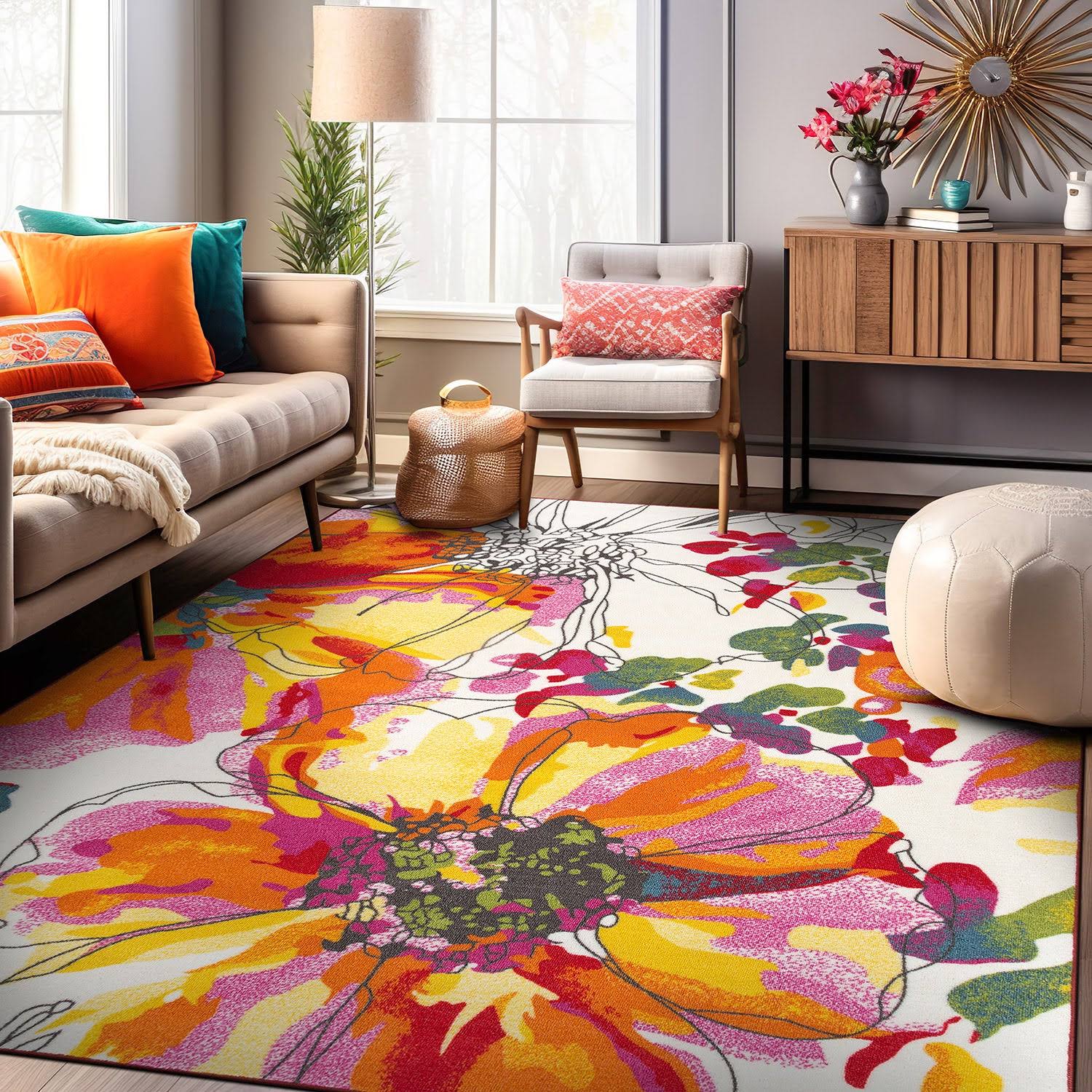 8aeb9c3616733b254e7ded9cc16f64d8bb37db42762a62c0311f63259ac2f3f1.jpg Modern Bright Flowers Non-Slip Area Rug Multi - 6'6"x9' - Image 1