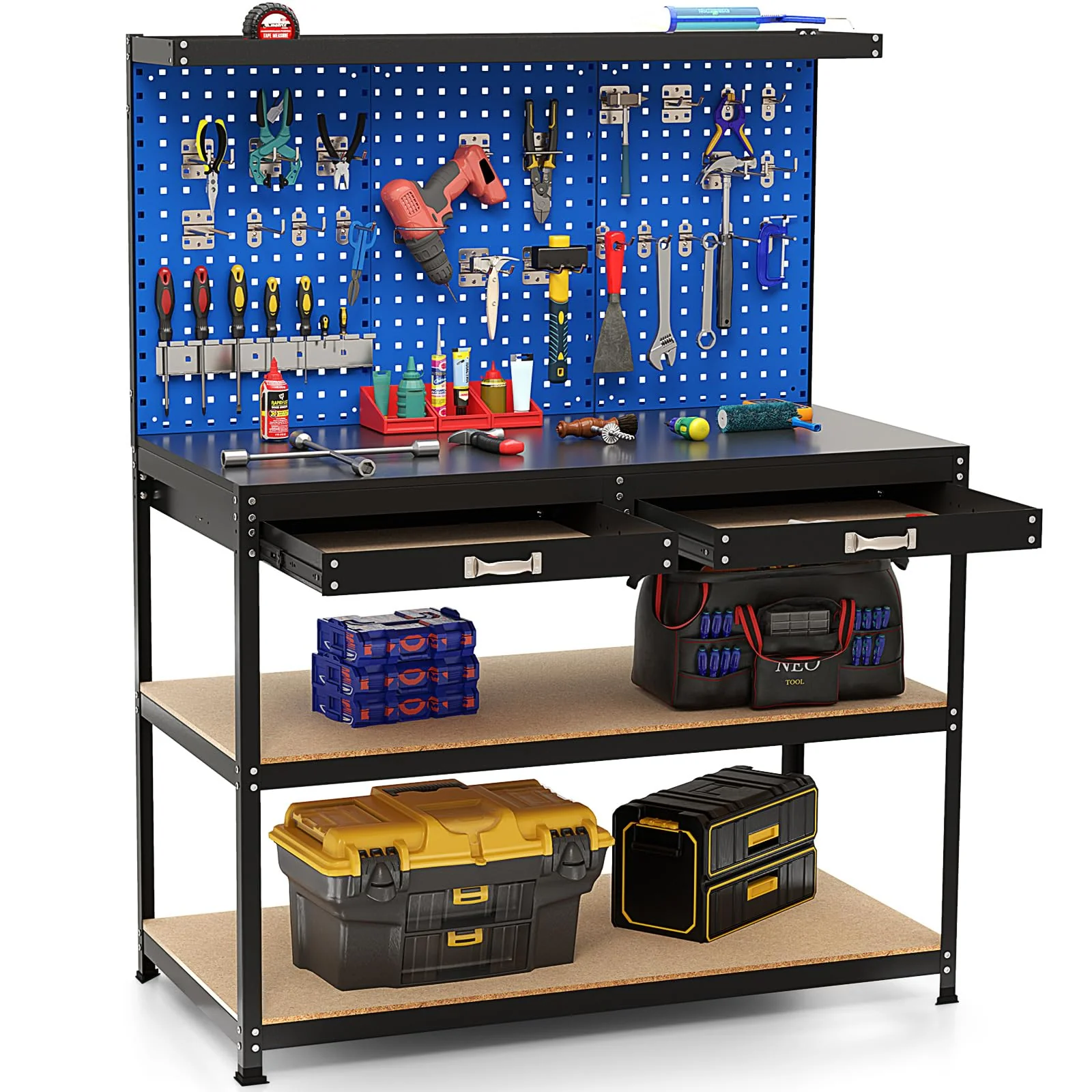 8b07c7b4ee6ff3c67939a963c6b575f91eb37421a5619041d35d9a76ece53569.webp 48" x 24" Workbench Work Table with 3 PCs Pegboard, Drawer & Shelves, 24 Hanging Accessories, 506 LBS Heavy-Duty Metal Tool Work Station - Image 1