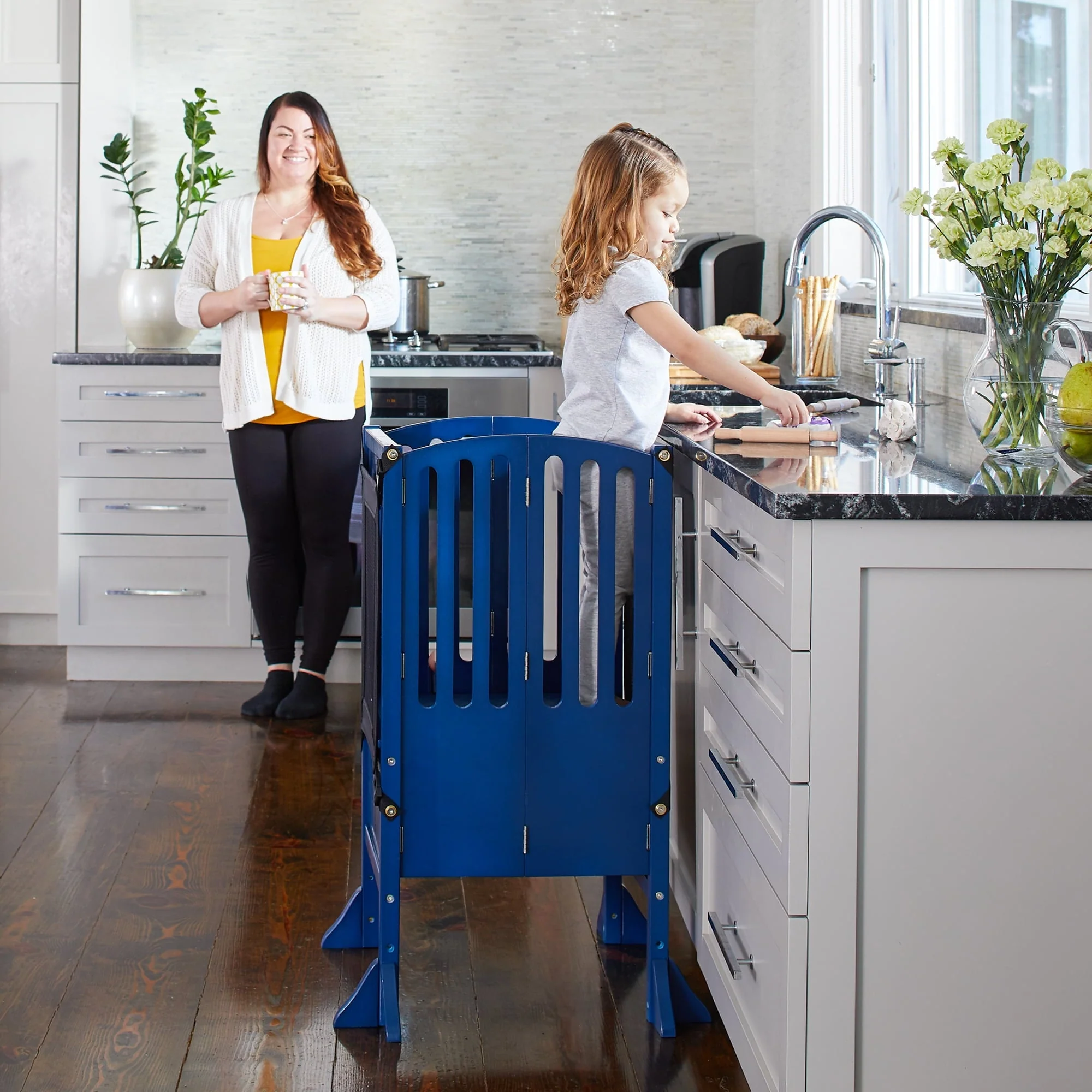 8babb058335203b3e9c690ae63e21ecd4cb59535450f6c0234496b99b9a13f01.webp Guidecraft Contemporary Kitchen Helper® Stool - Royal Navy: Folding Toddler Safety Tower with 2 Keepers and Non - Slip Mat, Adjustable Height Step Stool for Little Helpers, Kids Learning Furniture - Image 1