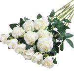 Hawesome 12pcs Artificial Silk Flowers Realistic Roses Bouquet Long Stem for Home Wedding Decoration Party (White)