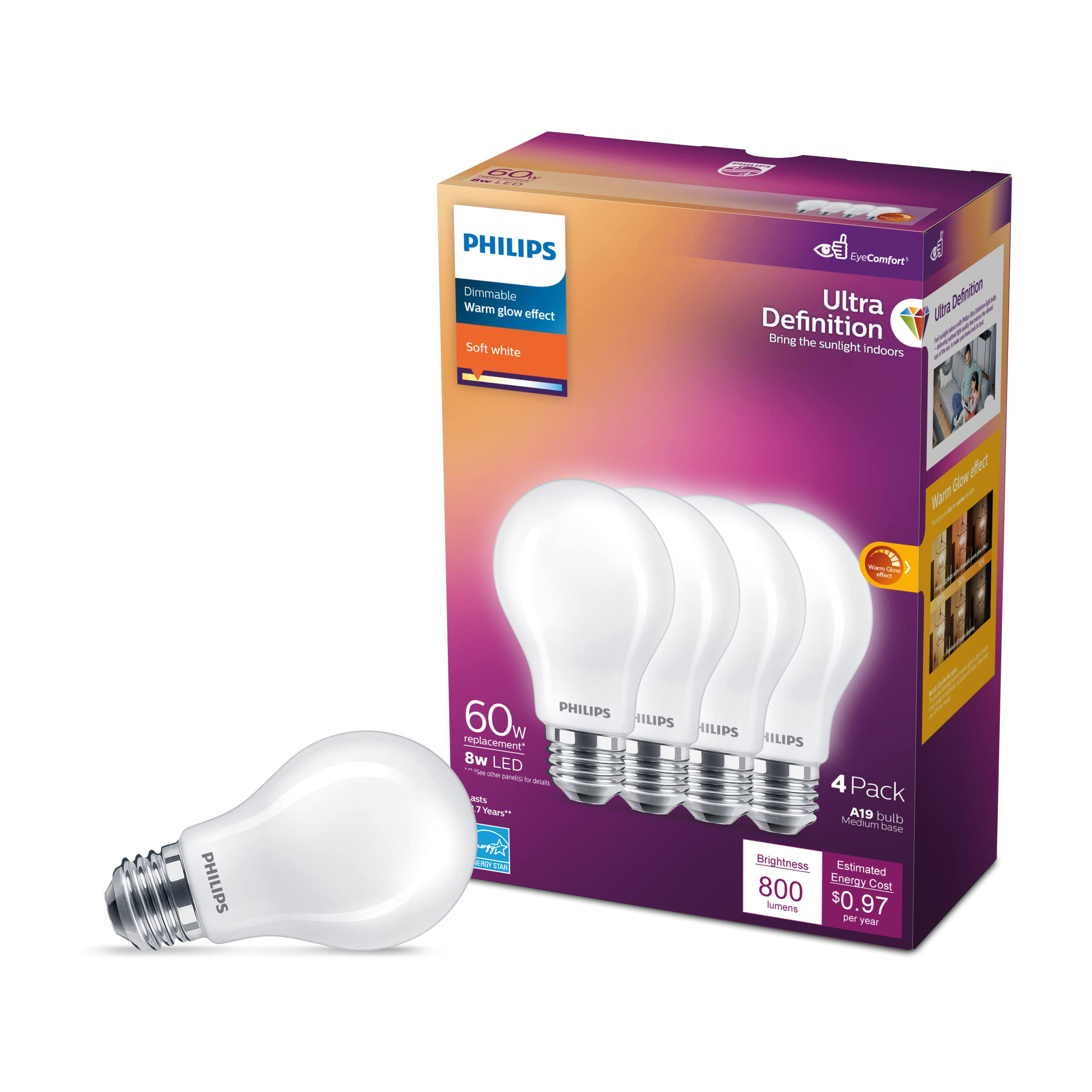 8bedd22247cdd8c8376b65a2f6eb2f5a654dc67c5ba5d5223977ba0aab26858e.jpg Philips Light Bulbs, LED, Soft White, Dimmable, Warm Glow Effect, A19, 5W, 4 Pack - 4 ea - Image 1