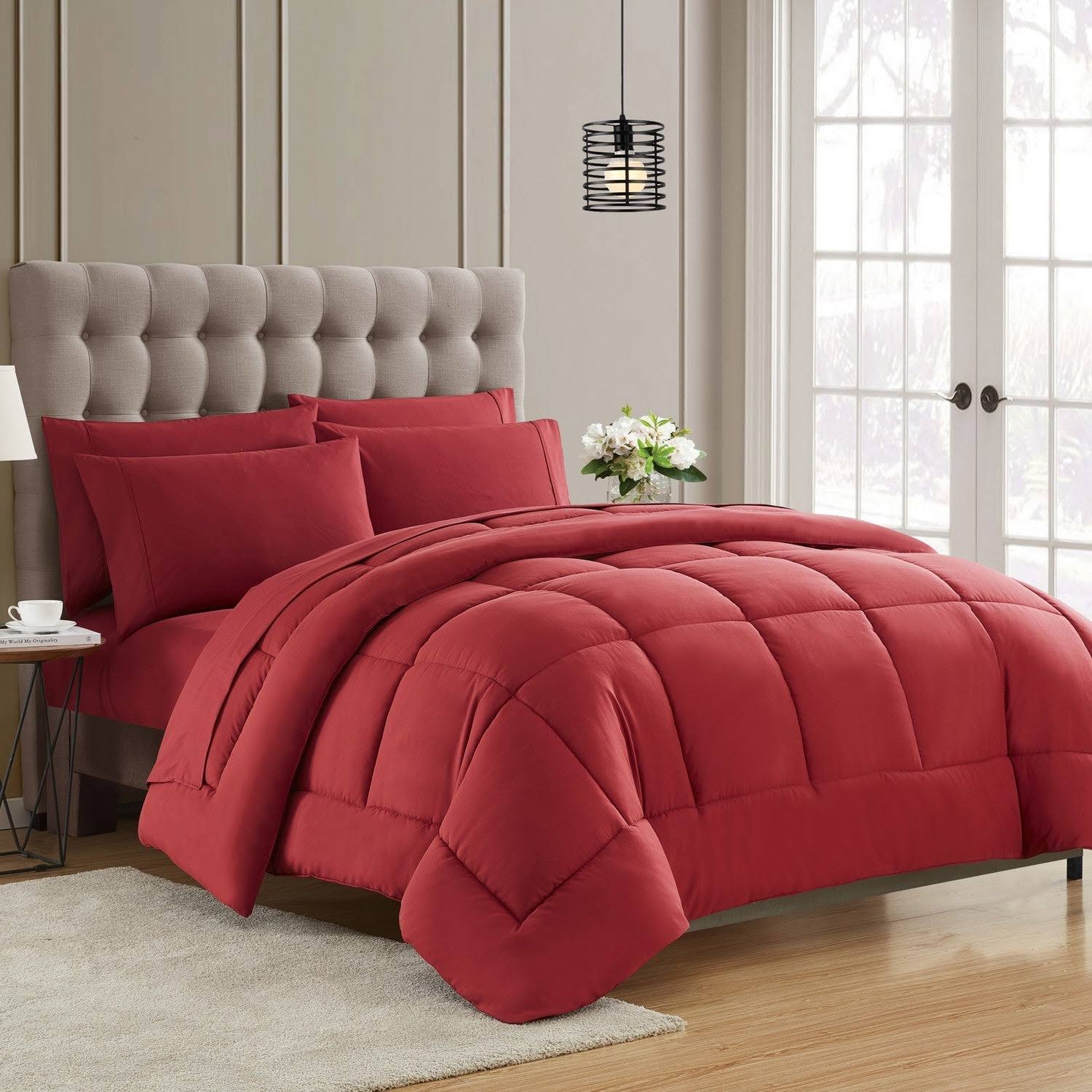 8c22794b360b5b369b93fd772dded0a5263c787264890bc5cb18fcdf22f77359.jpg Sweet Home Collection 7 Piece Bed-in-a-Bag Down Alternative Comforter & Sheet Set - Black - Queen - Image 1